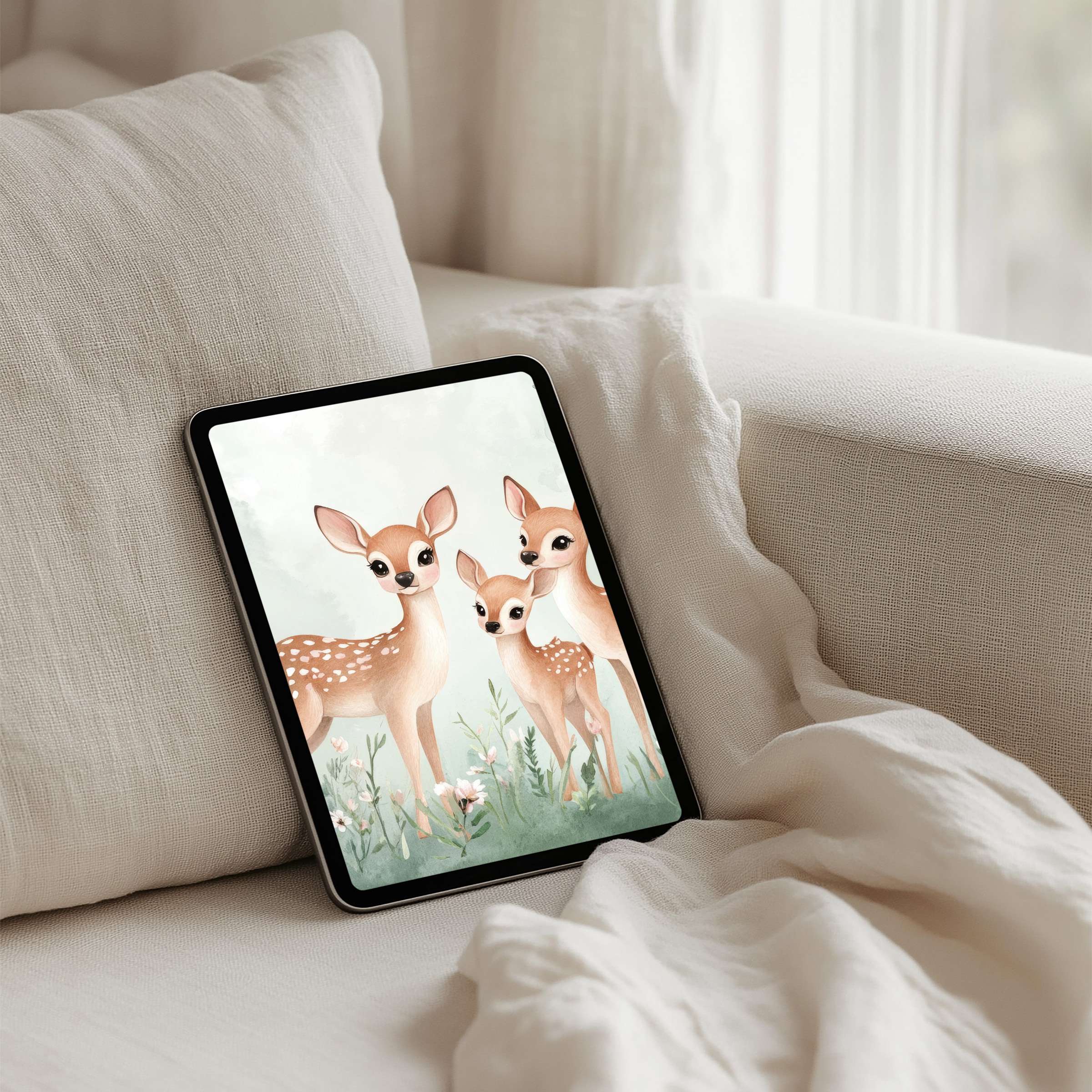 Charming fawns on an iPad background evoke calm and elegance perfect for tablets offering instant download for mindful inspiration