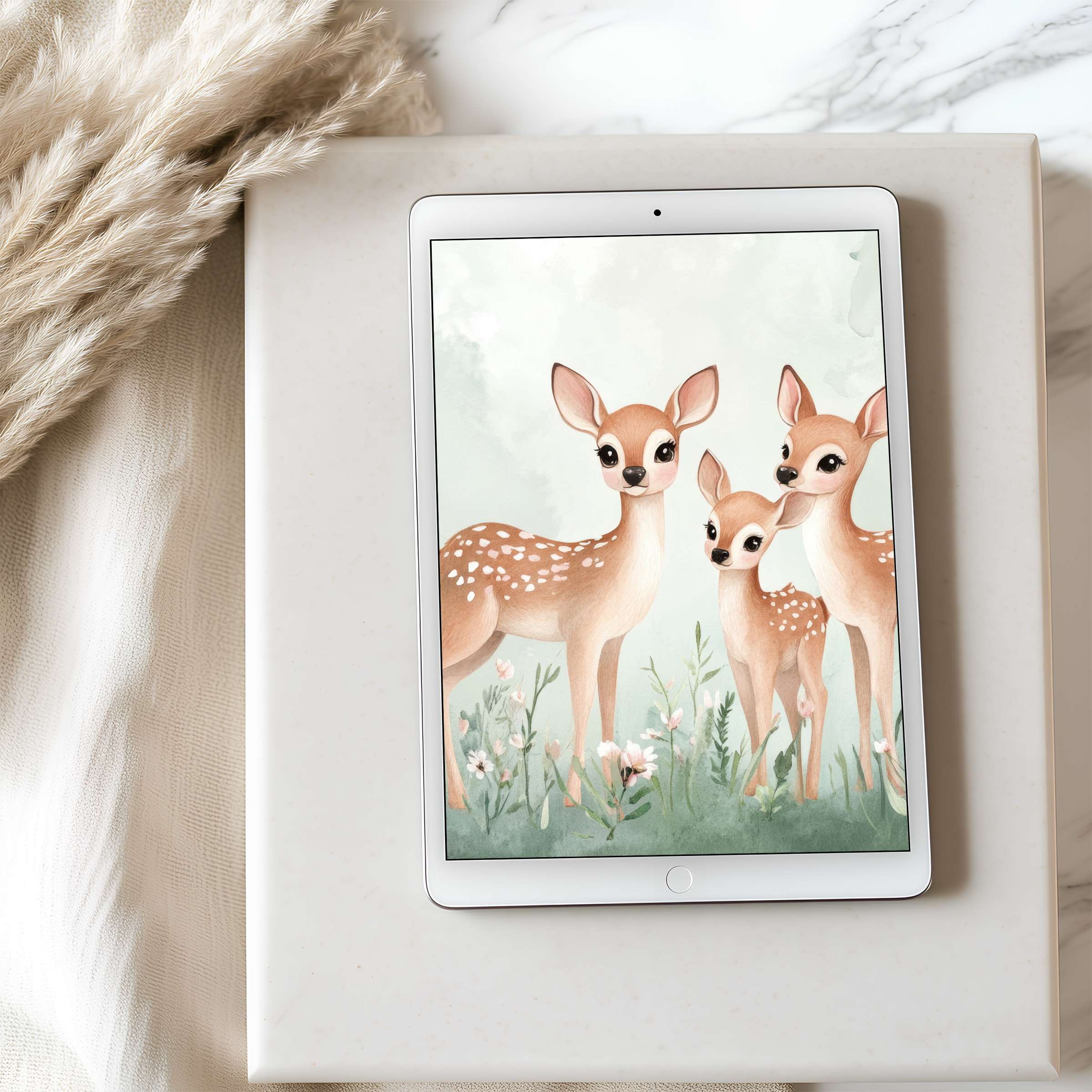 Elegant deer illustration on tablet wallpaper, perfect for iPad or Android tablets, offering serene, high-resolution digital download
