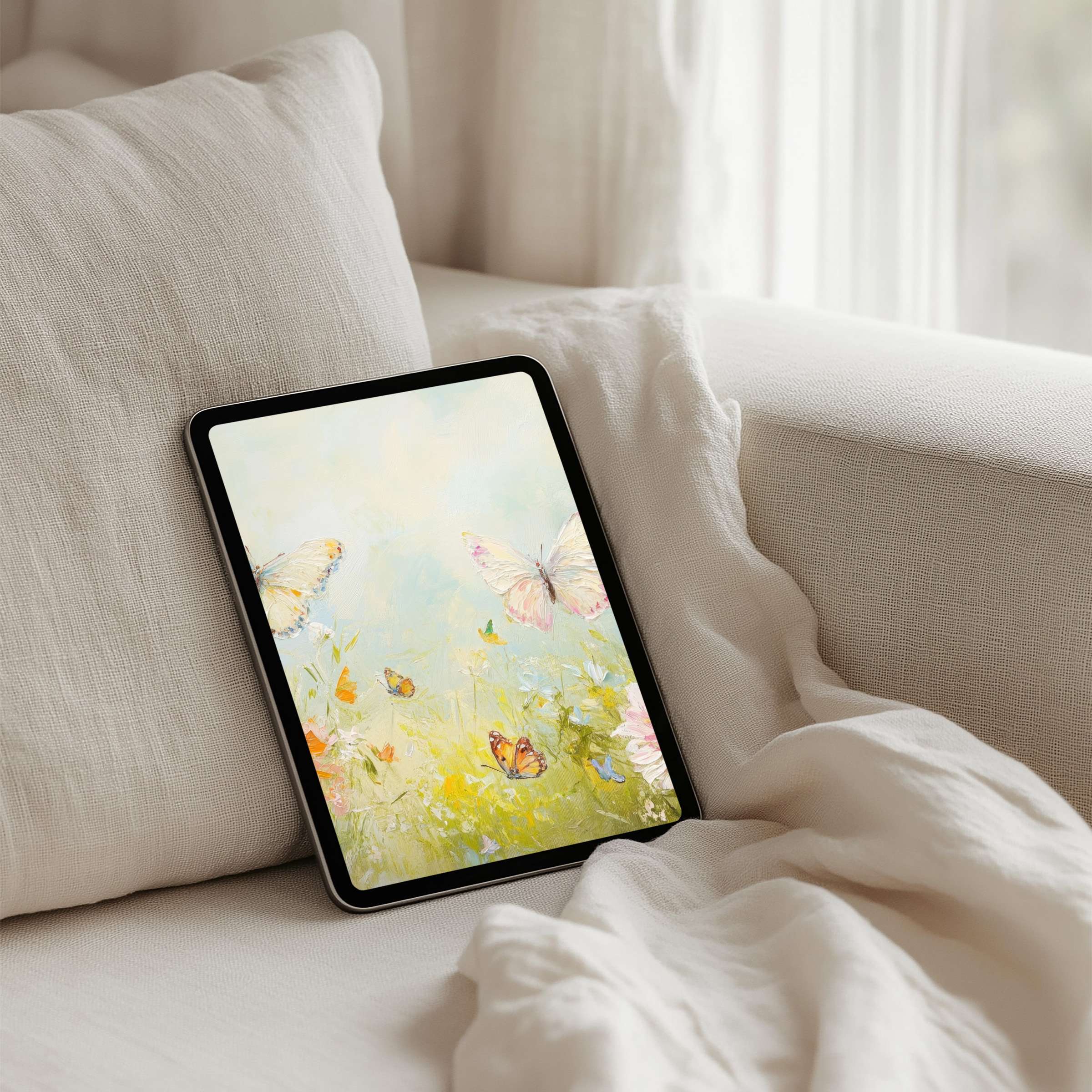 Elegant iPad background with pastel butterflies and wildflowers on a tablet exudes calm and inspiration for instant download