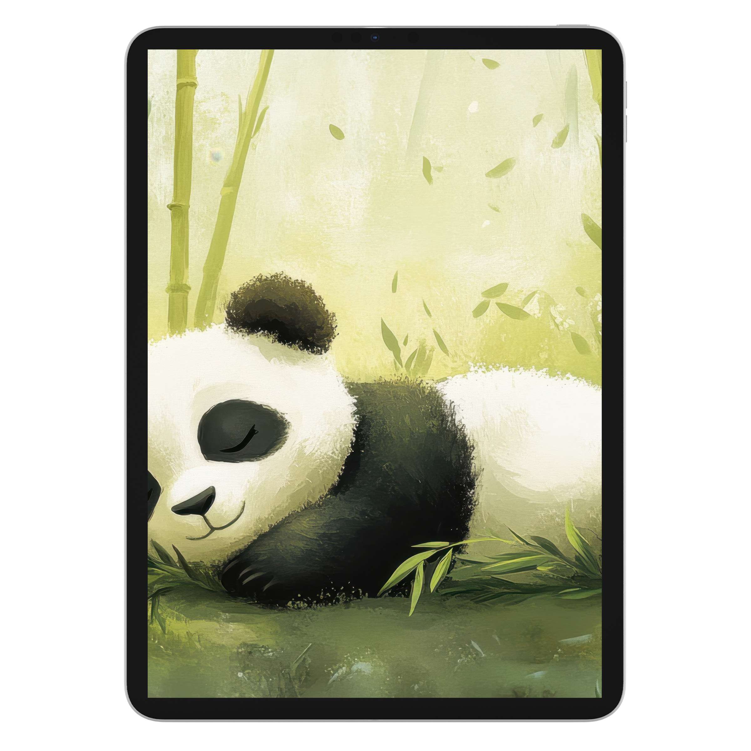 Calming nursery iPad wallpaper featuring a serene panda on a bamboo background perfect for any tablet digital download