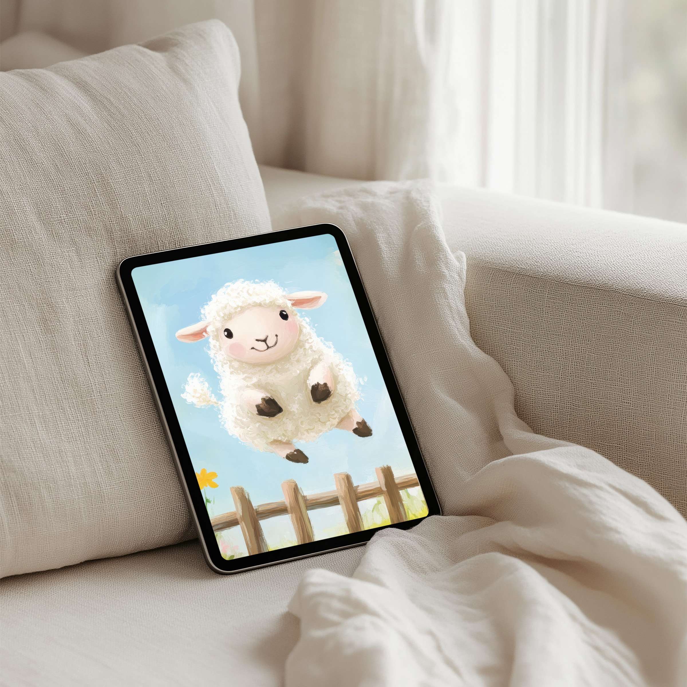 Charming iPad background with a whimsical lamb against blue sky enhances tablet elegance, inspiring calmness and instant download value