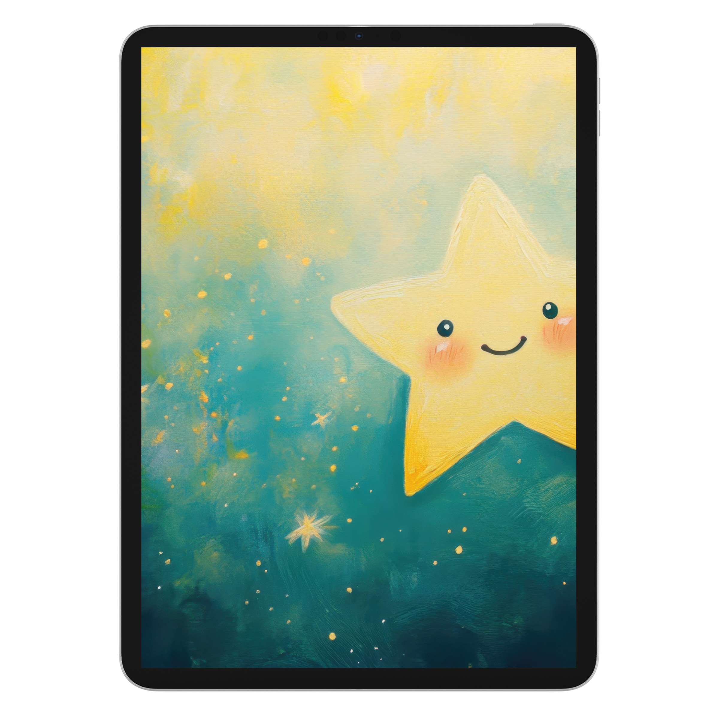 Inspire calm with a whimsical nursery iPad wallpaper featuring a smiling star on a soothing digital download tablet background