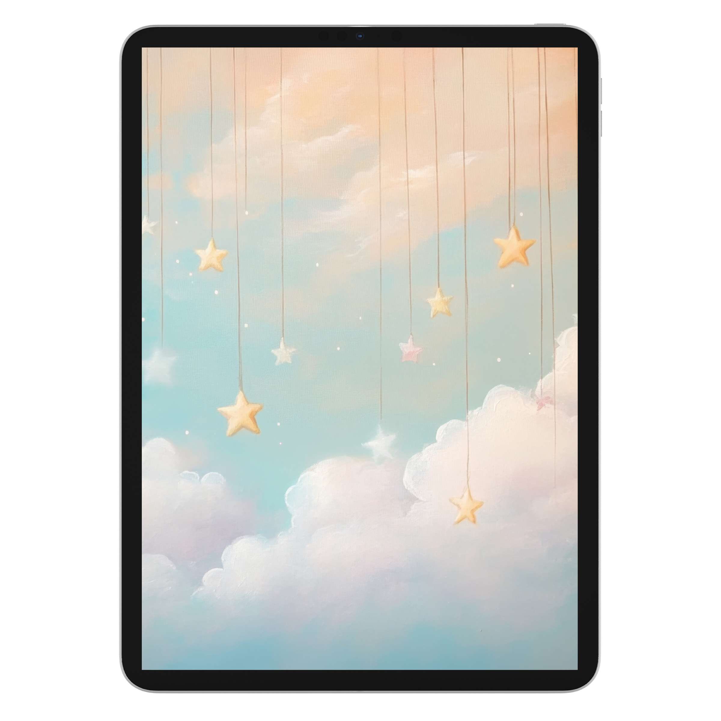 Elegant nursery iPad wallpaper features dreamy pastel clouds and stars, perfect tablet background for digital download serenity
