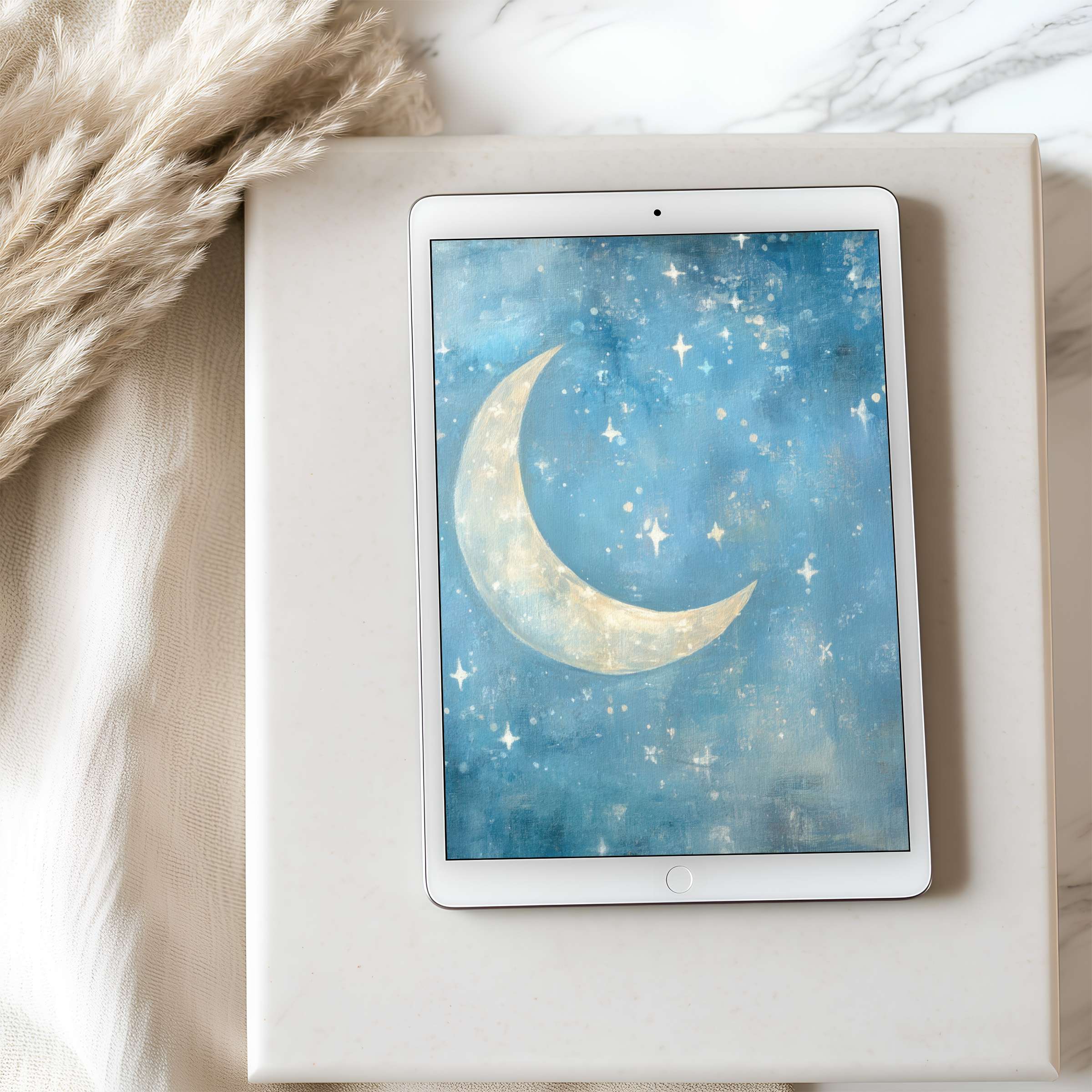 Elegant crescent moon and stars on high-resolution tablet wallpaper inspire tranquility, ideal for iPad digital download in serene decor