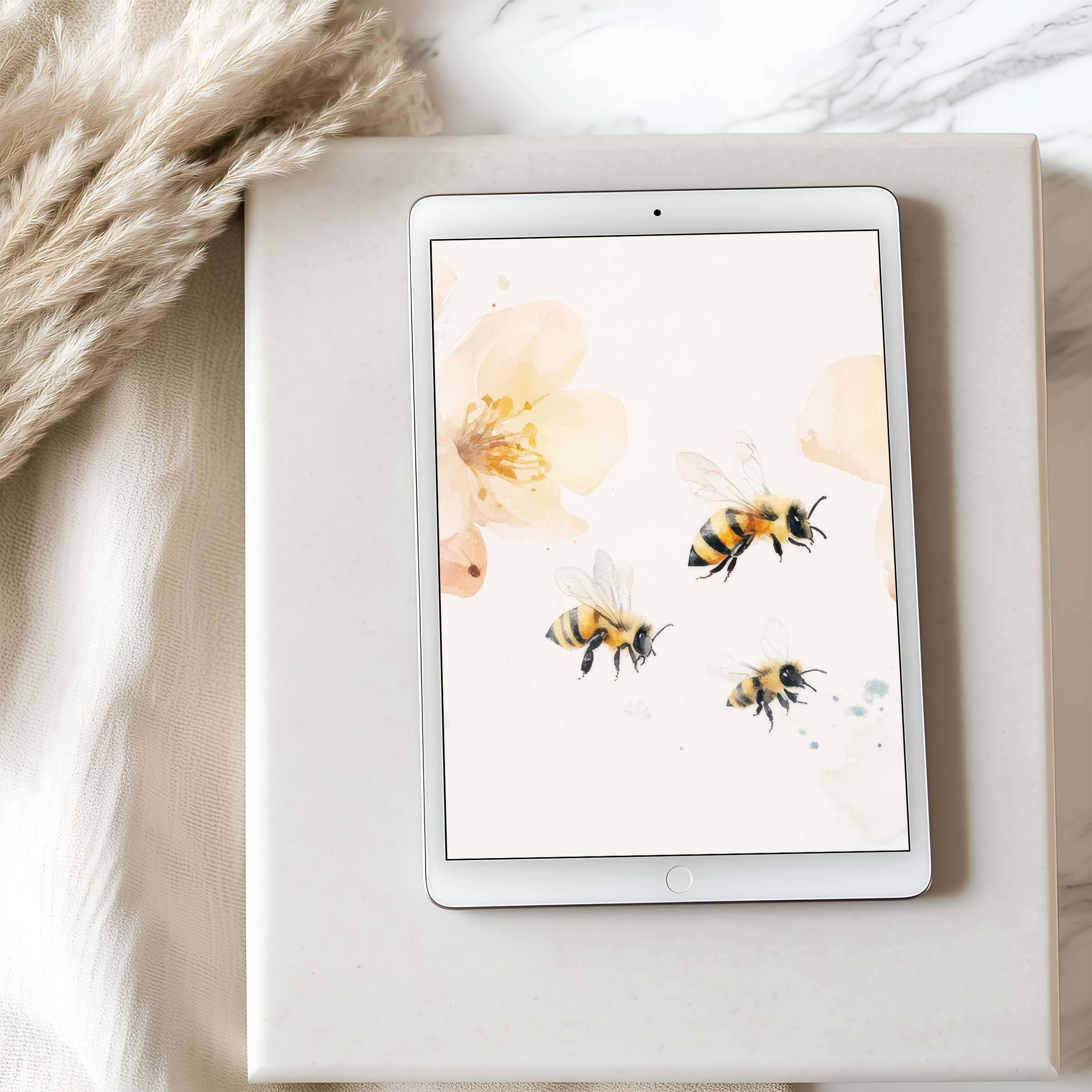 Elegant tablet wallpaper featuring delicate watercolor bees and flowers, offering a tranquil, high-resolution download for iPad and Android