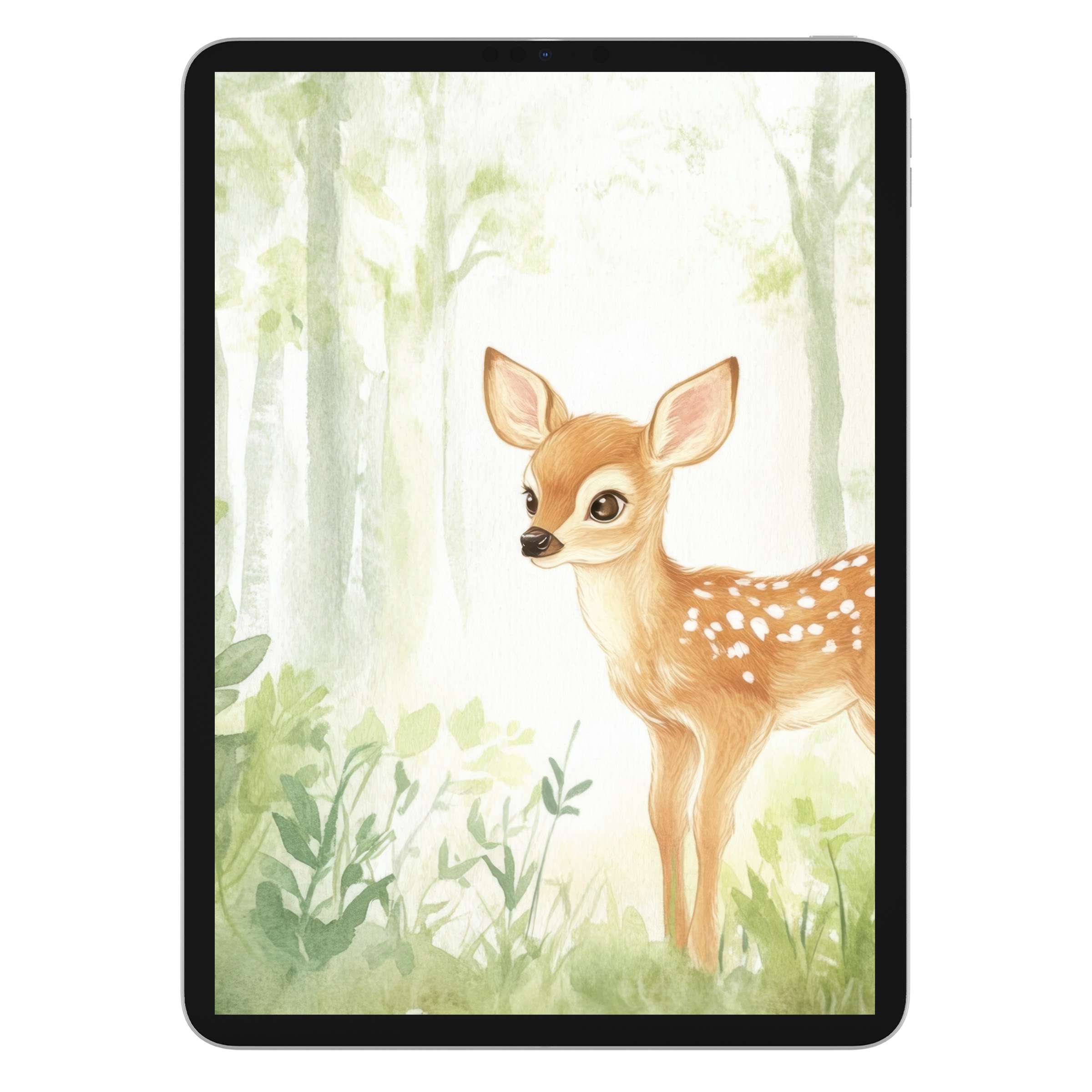 Elegant watercolor deer in lush forest scene, perfect nursery iPad wallpaper digital download for serene tablet background design