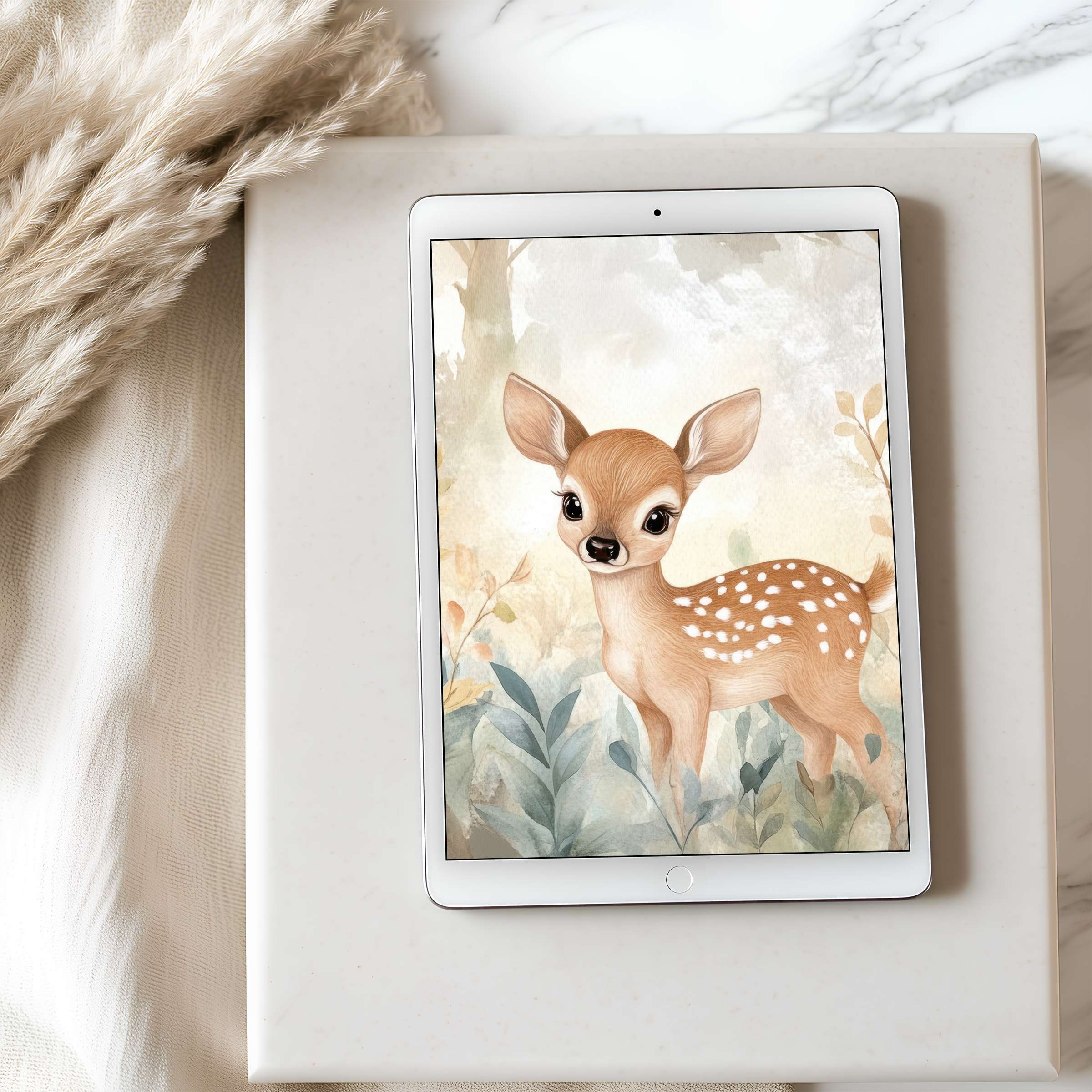 Charming tablet wallpaper with a delicate fawn amidst soft foliage, perfect for iPad or Android, offering serene digital downloads