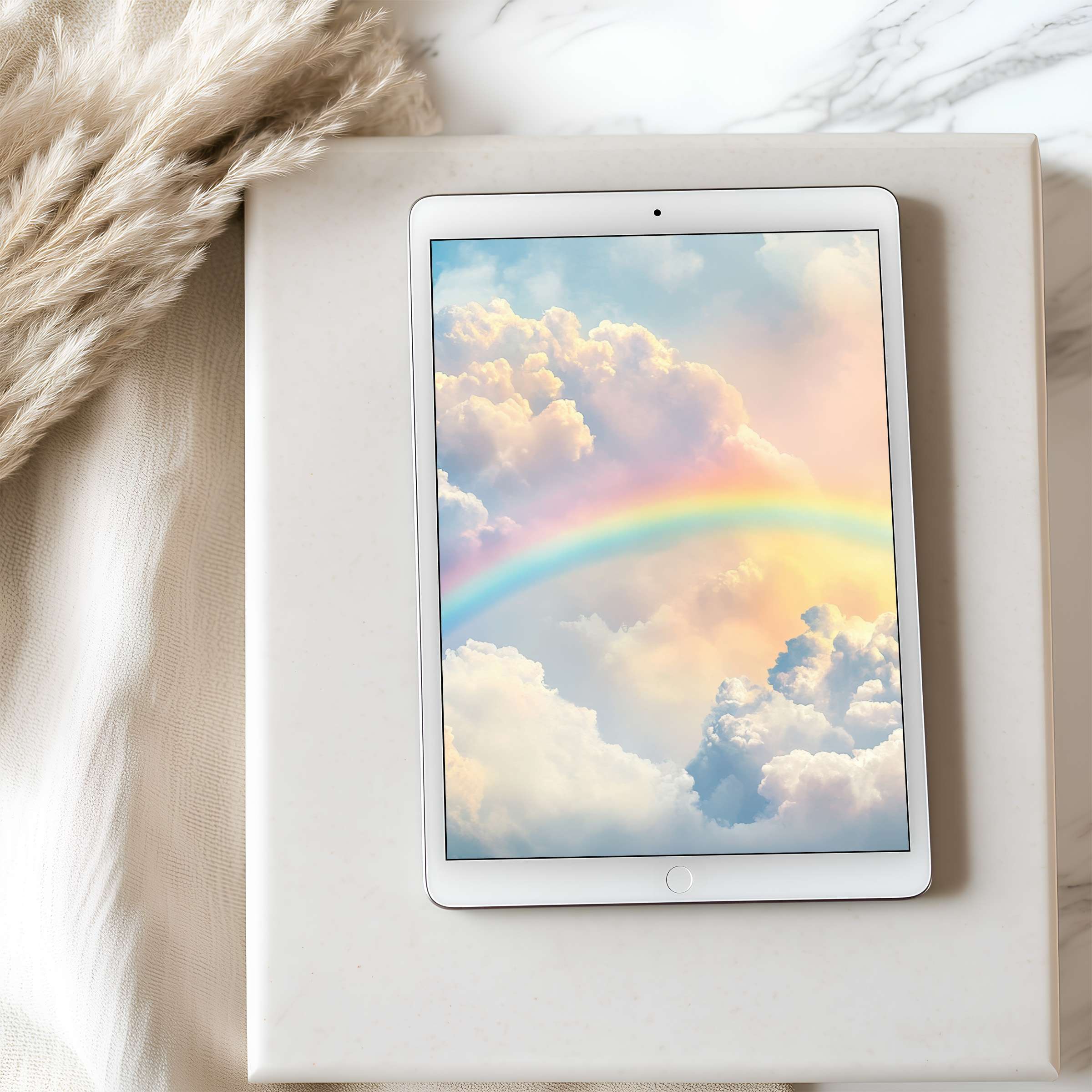 Elegant tablet wallpaper with high-resolution pastel clouds and rainbow, perfect for iPad or Android tablets, digital download