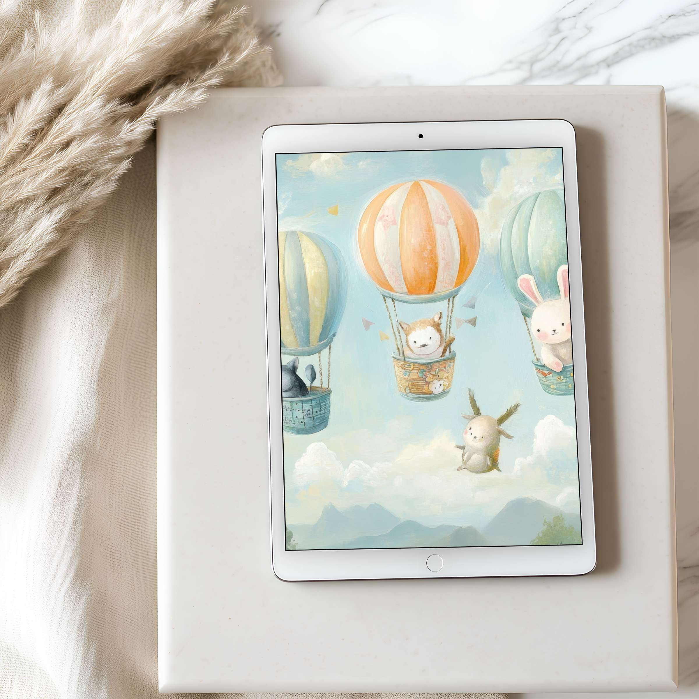 Serene pastel hot air balloons with animals create a calming tablet wallpaper perfect for high resolution iPad and Android devices