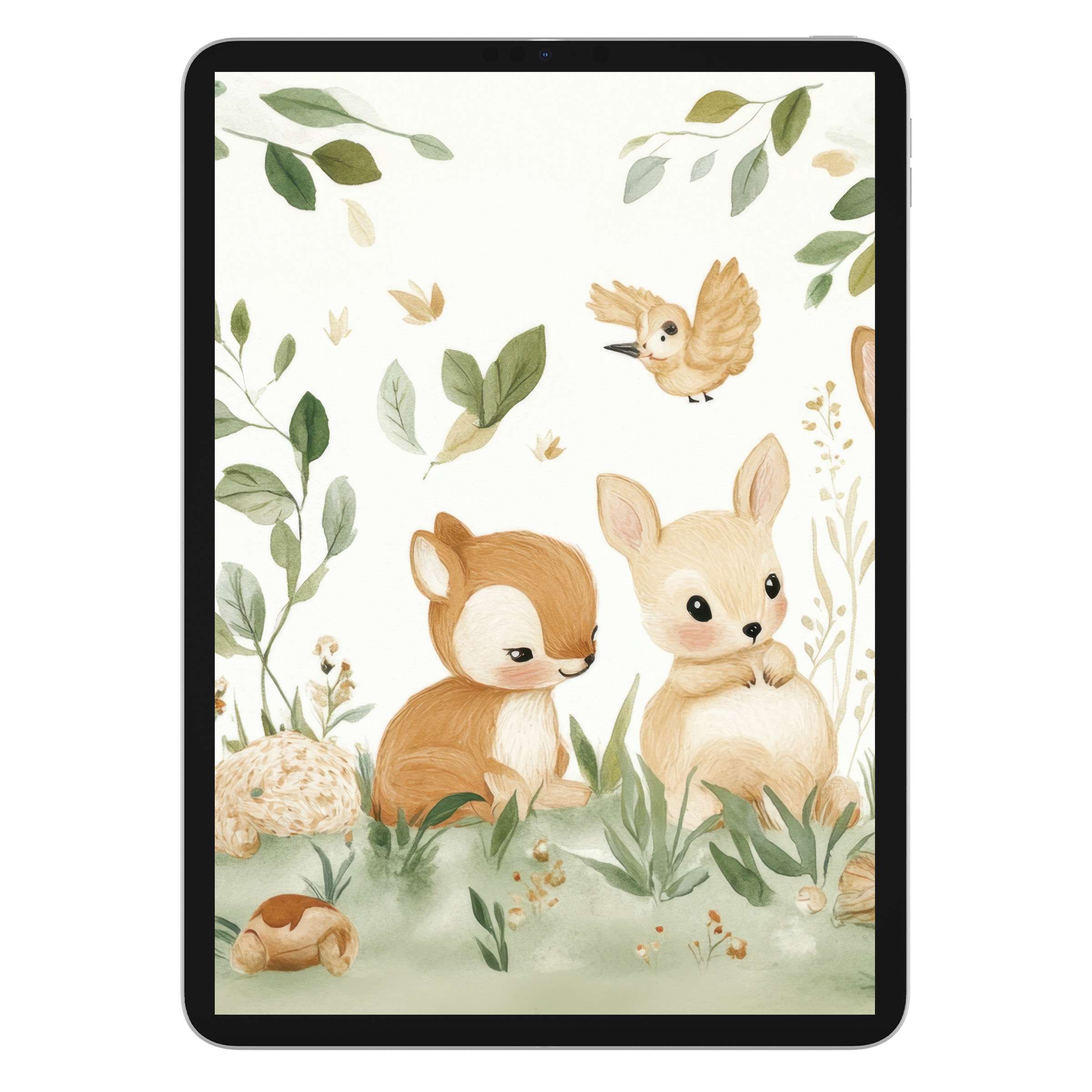 Charming nursery iPad wallpaper features gentle woodland animals in soft earth tones; ideal digital download for any tablet background