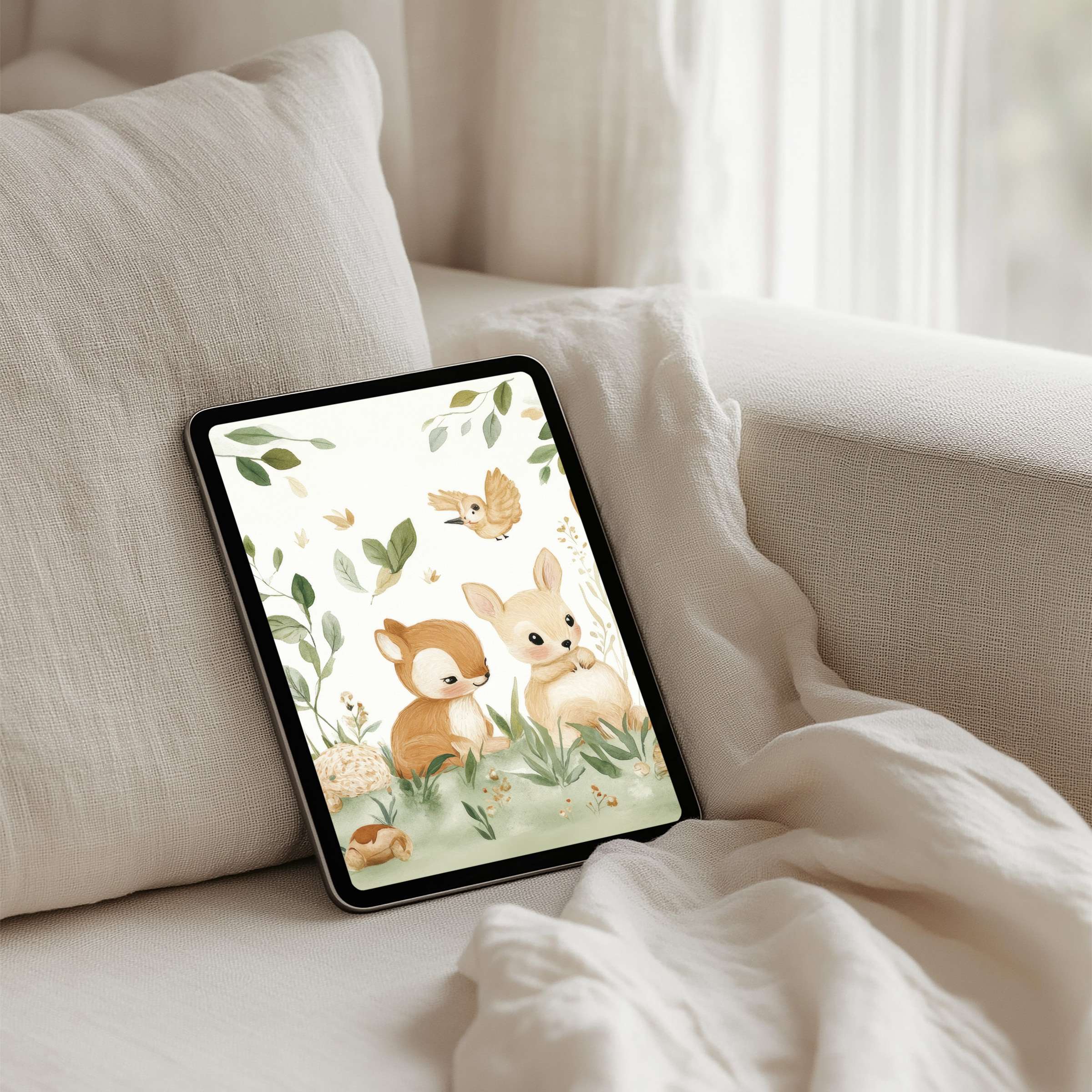 Elevate your iPad background with this charming woodland illustration for instant download, fitting all tablets for calm inspiration