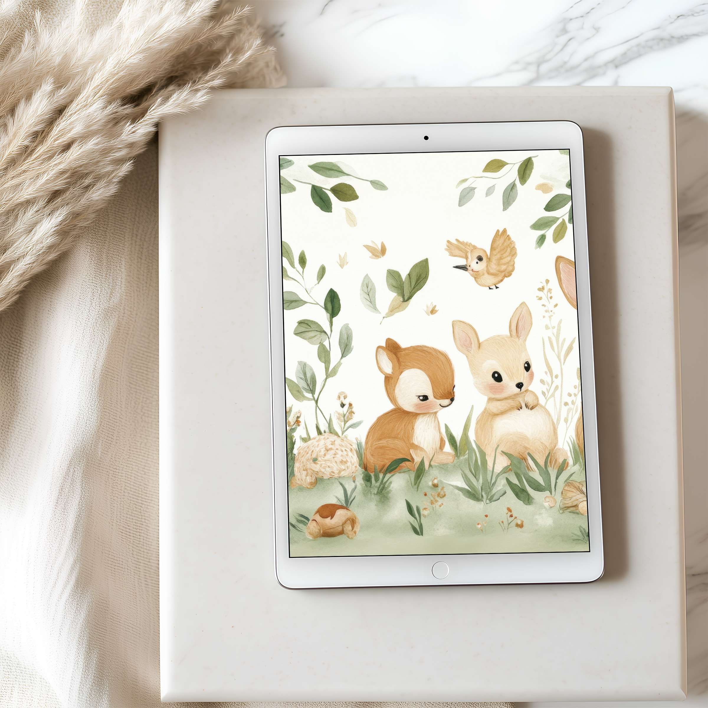 Elegant tablet wallpaper featuring whimsical woodland creatures in soft greens and browns, perfect for high-resolution digital download