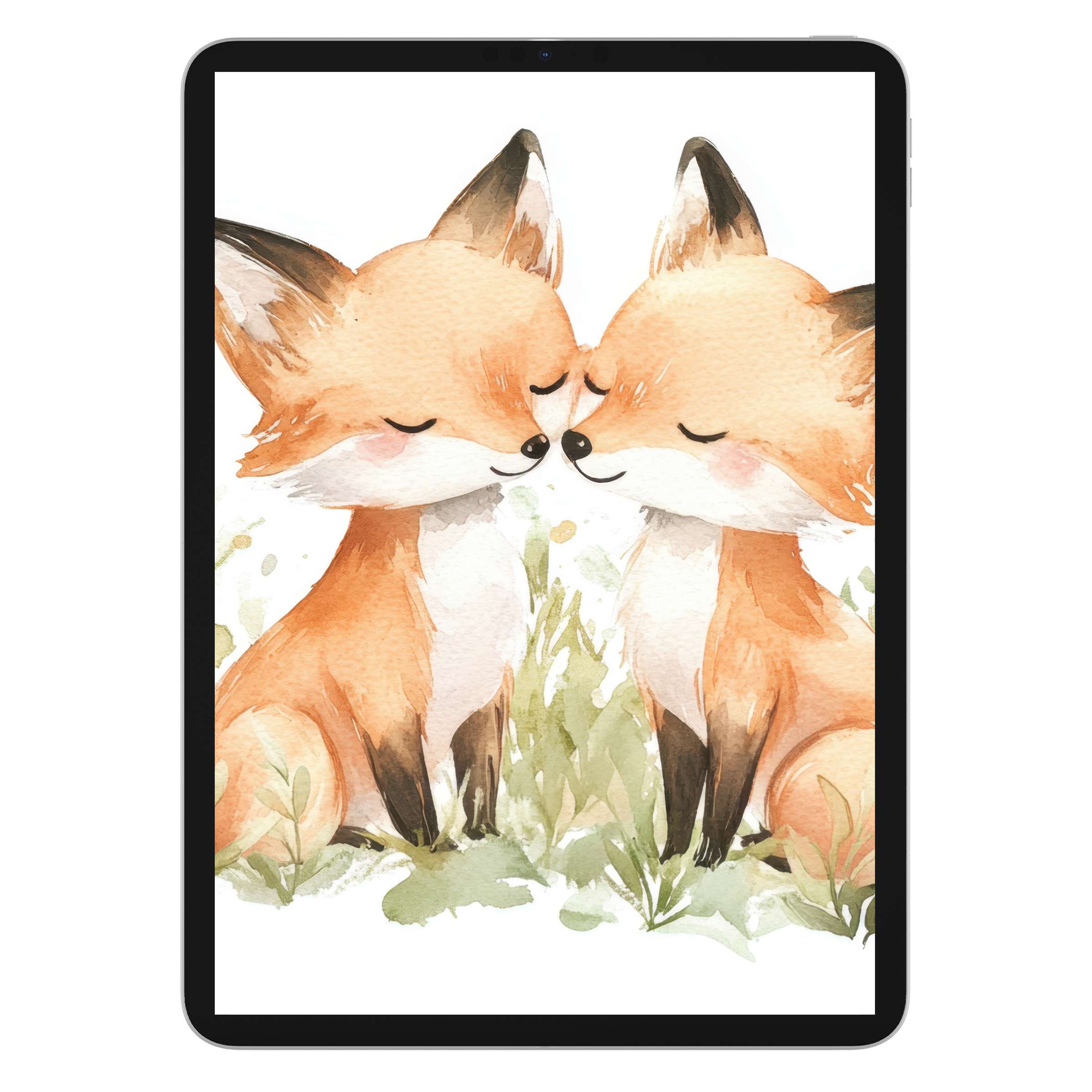 Watercolor foxes create a soothing nursery iPad wallpaper, ideal as a digital download for any tablet background, promoting tranquility