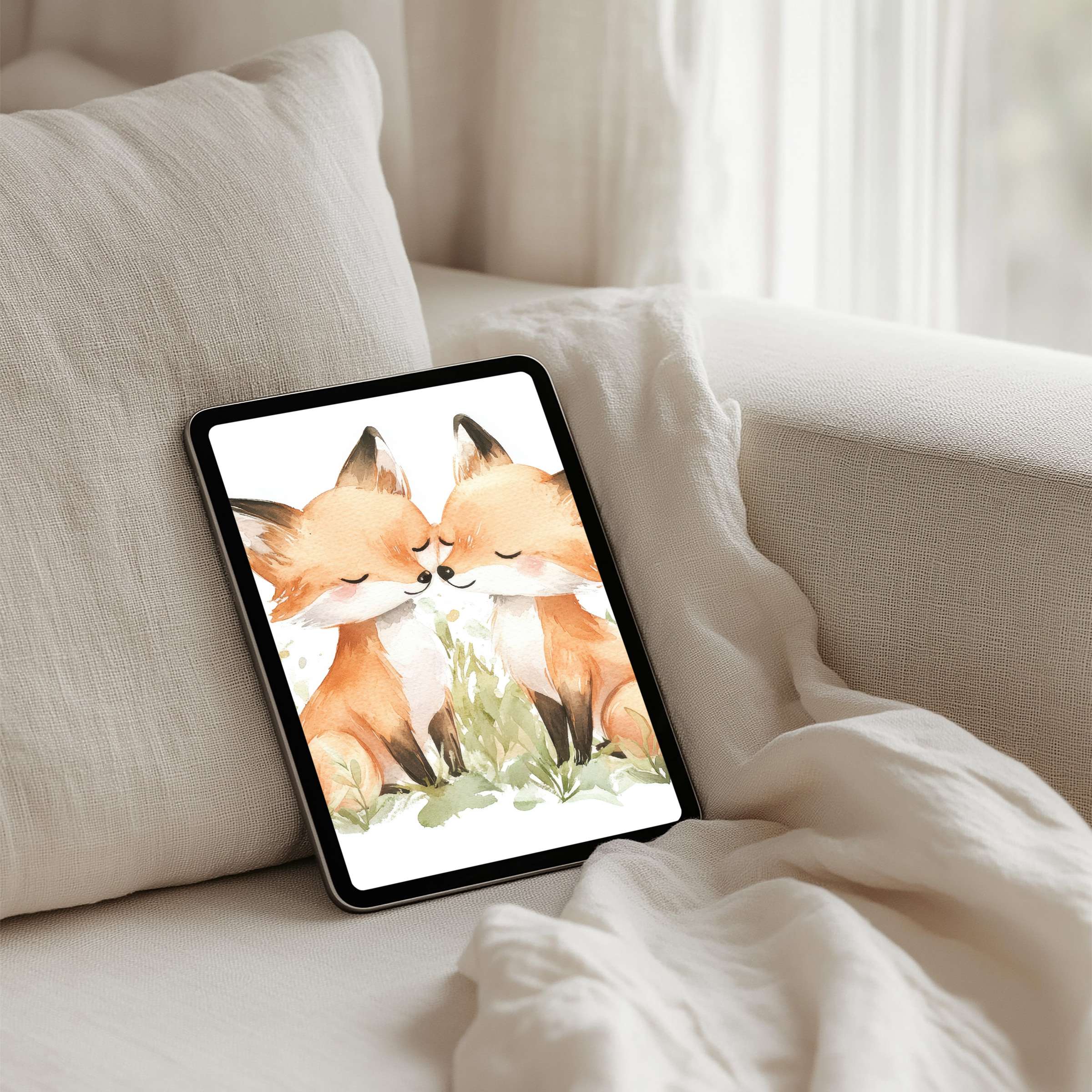 Elegant watercolor fox duo offers calming iPad background for design lovers instant download fits tablet for serene inspiration