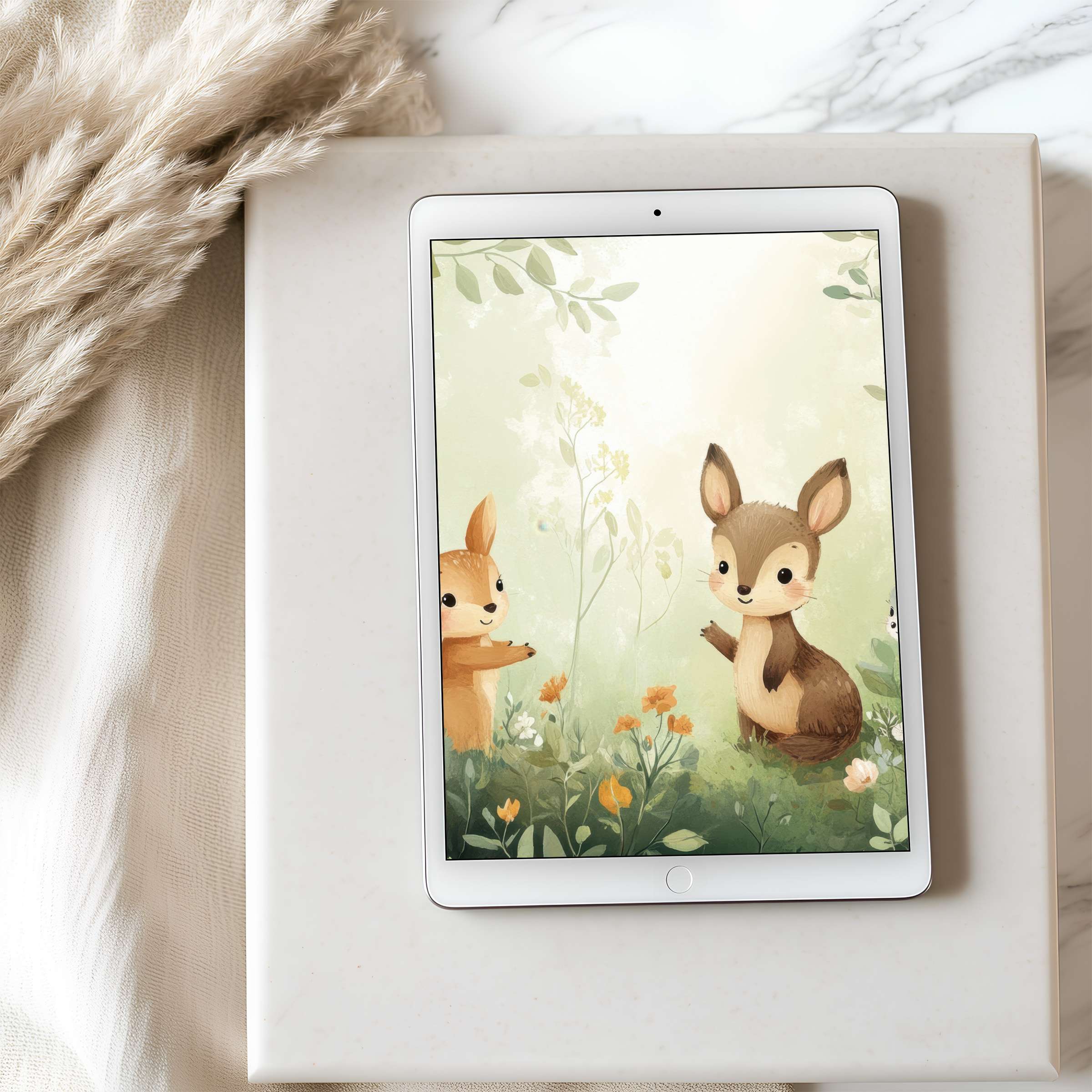 Delicate watercolor forest creatures tablet wallpaper for iPad enhances tranquility with high resolution digital download in serene interiors