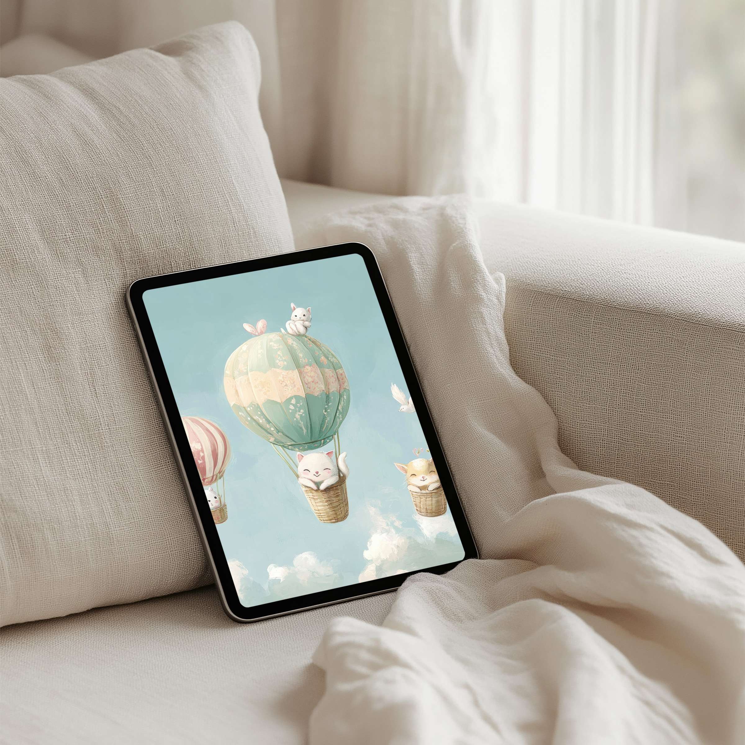 Serene iPad background with whimsical hot air balloons and cats for instant download on any tablet, inspiring calm elegance