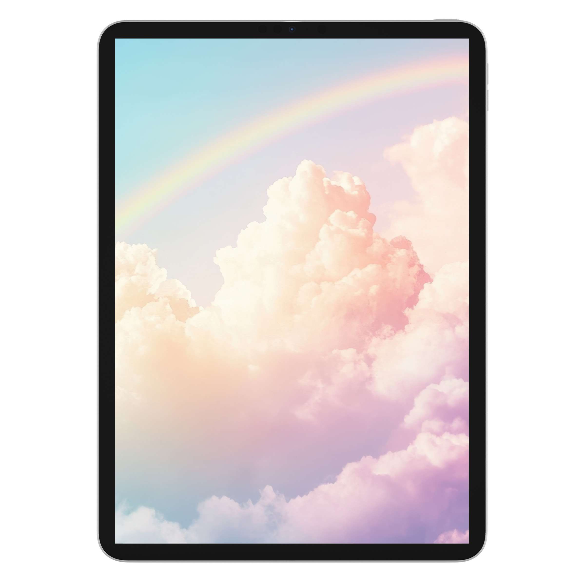 Serene pastel clouds and a rainbow create an elegant nursery iPad wallpaper for tablets, a digital download background for peace