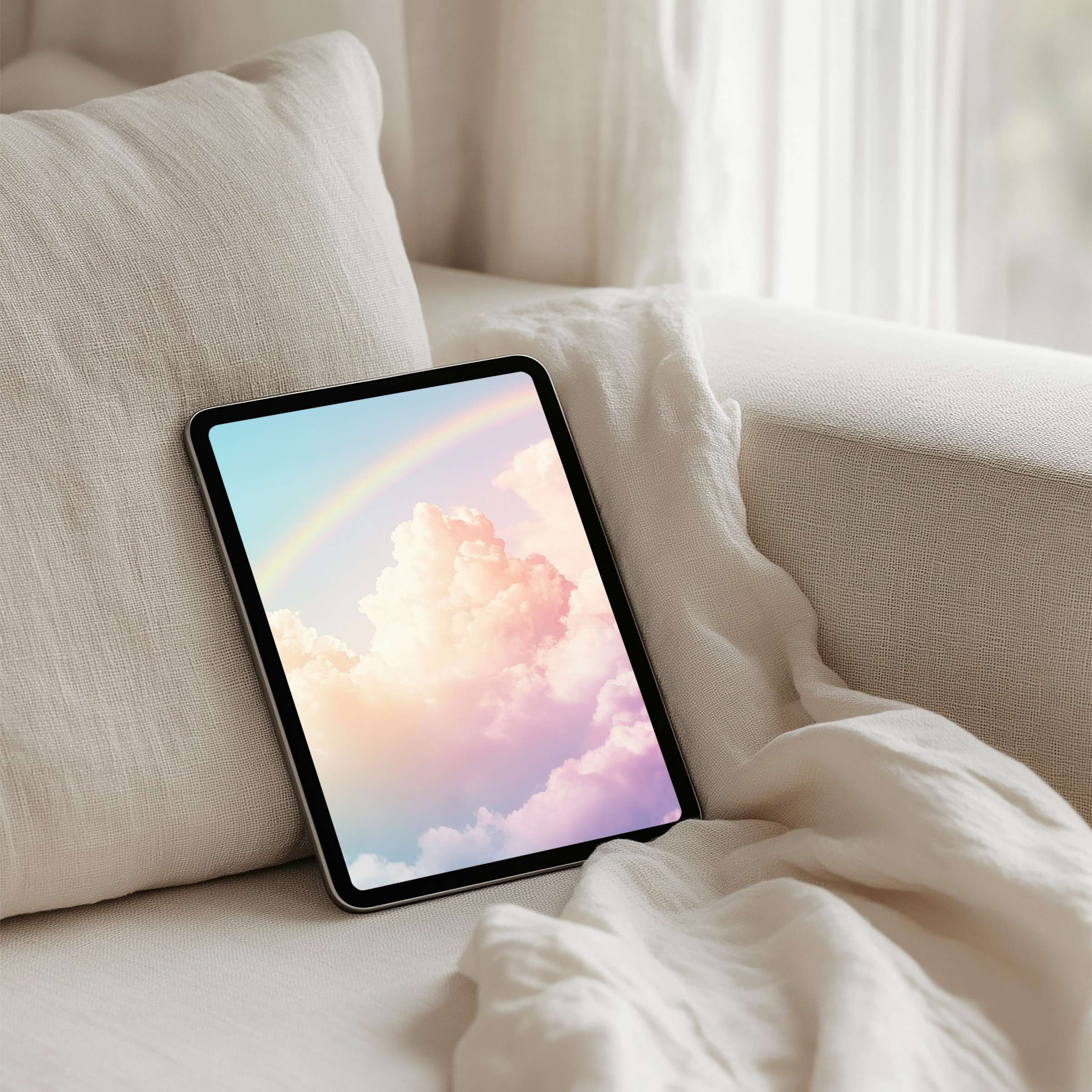Elegant iPad background with pastel clouds and rainbow creates calm inspiration; instant download for any tablet user
