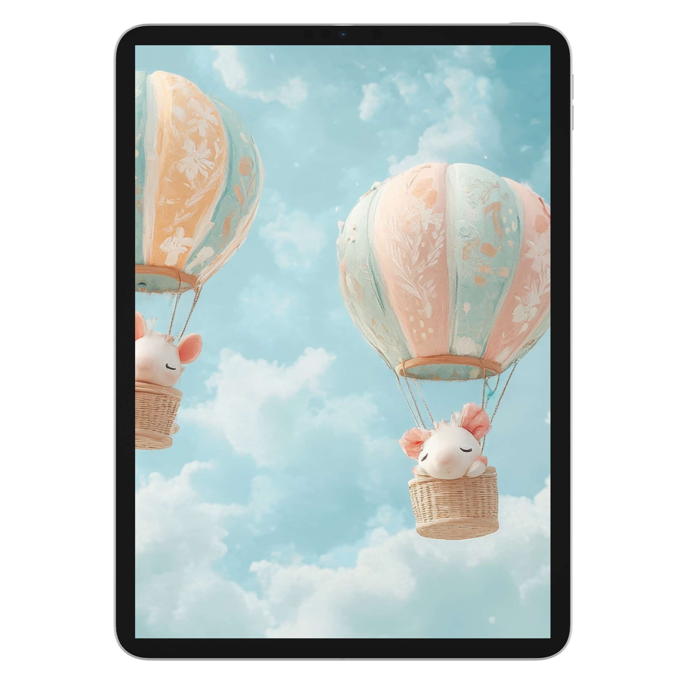 Whimsical nursery iPad wallpaper featuring pastel hot air balloons and clouds, ideal tablet background for calming digital download experience
