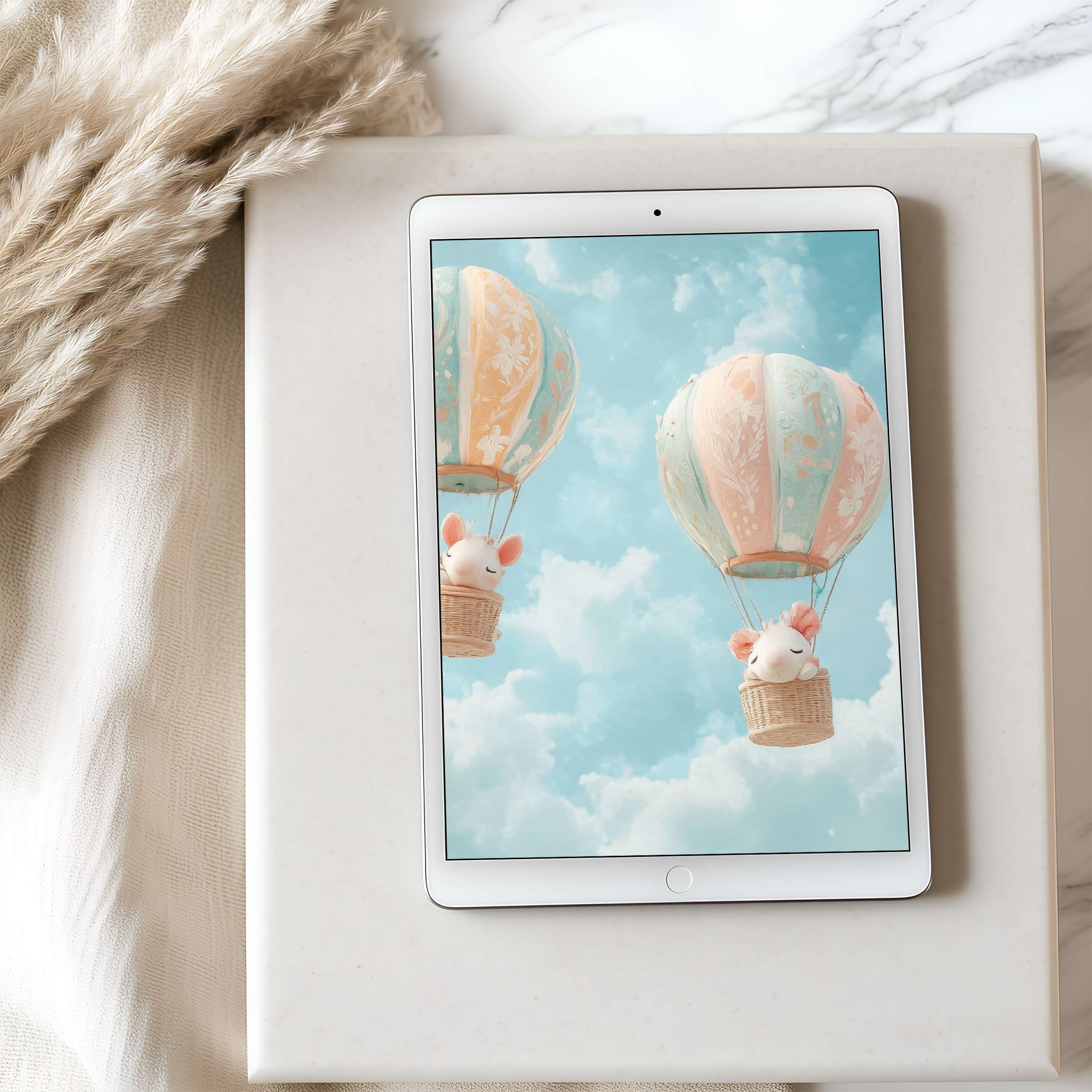 Serene tablet wallpaper showcasing whimsical hot air balloons against a soft blue sky, perfect for iPad high resolution or Android use