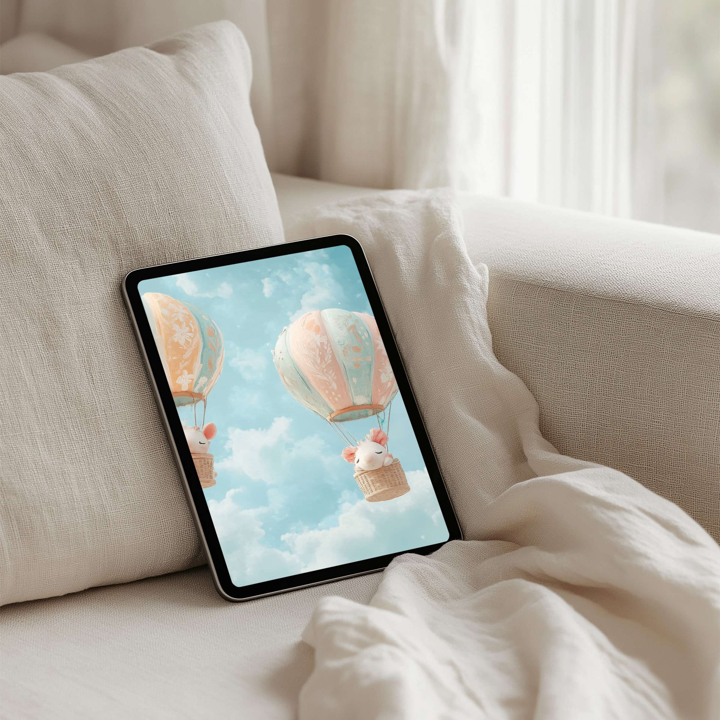 Charming hot air balloons floating against a serene sky create an inspiring iPad background for elegant, mindful tablet users seeking instant download