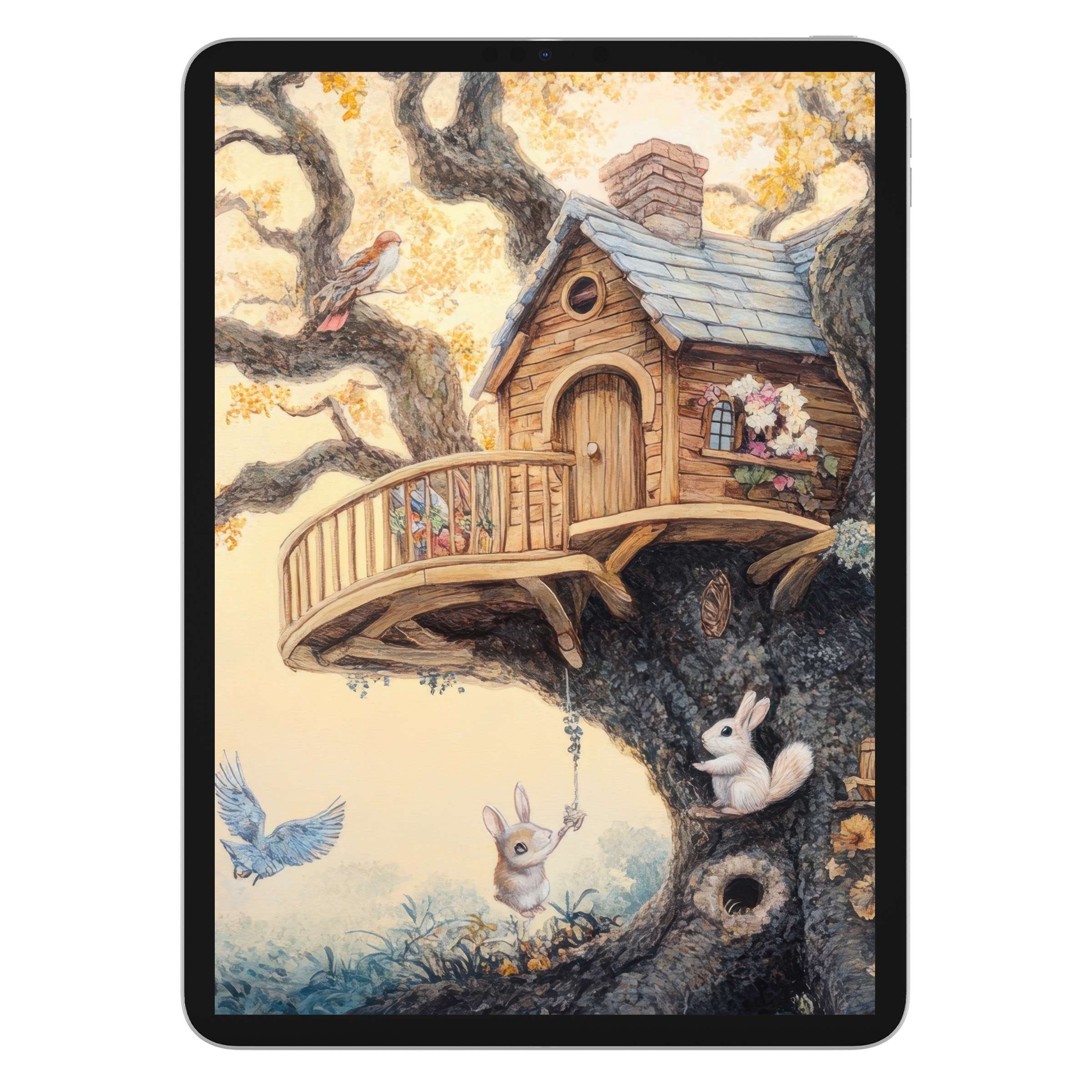 Enchanting nursery iPad wallpaper with a whimsical treehouse offers a serene digital download background for any tablet use