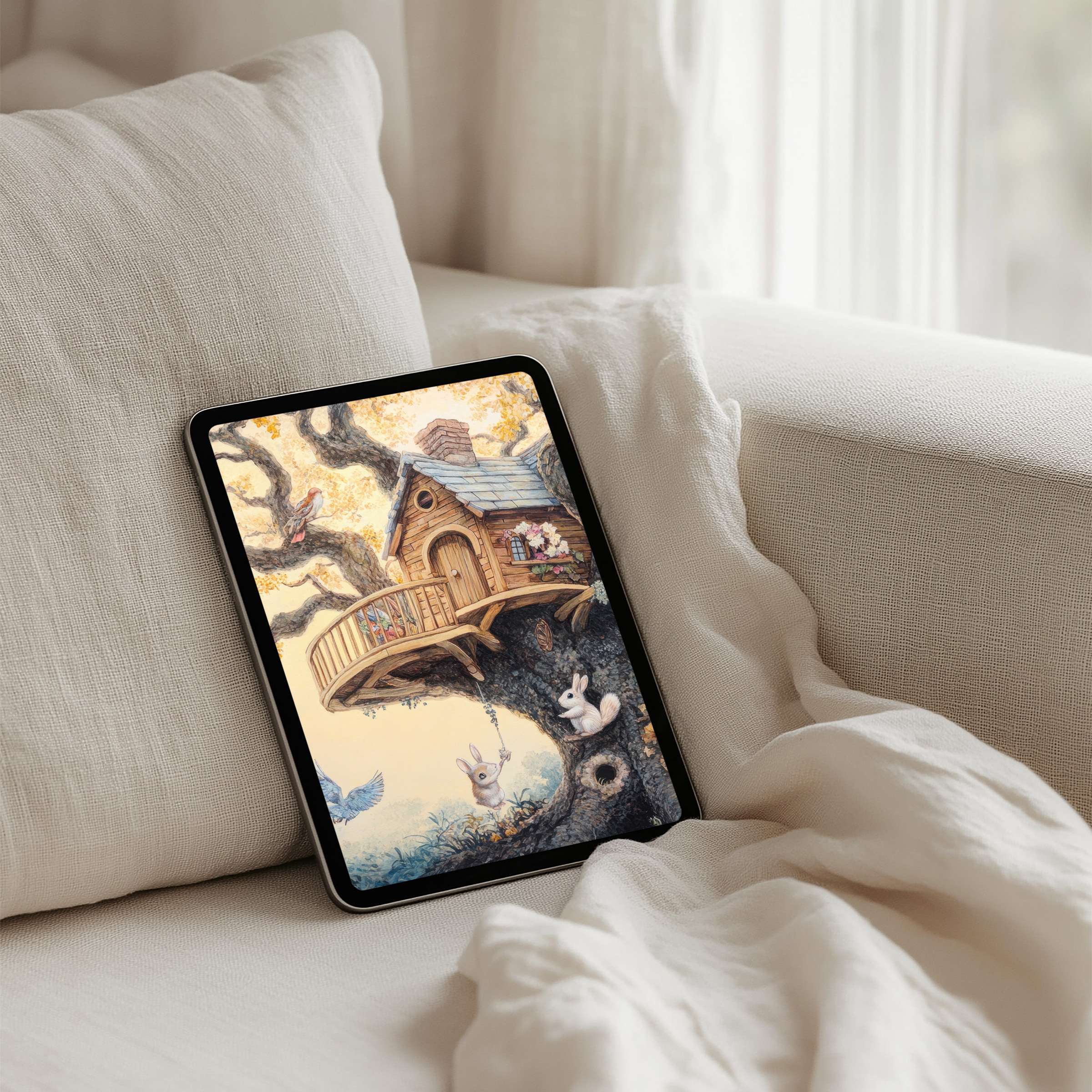 Serene iPad background featuring whimsical treehouse art for a peaceful tablet ambiance instant download for mindful elegance