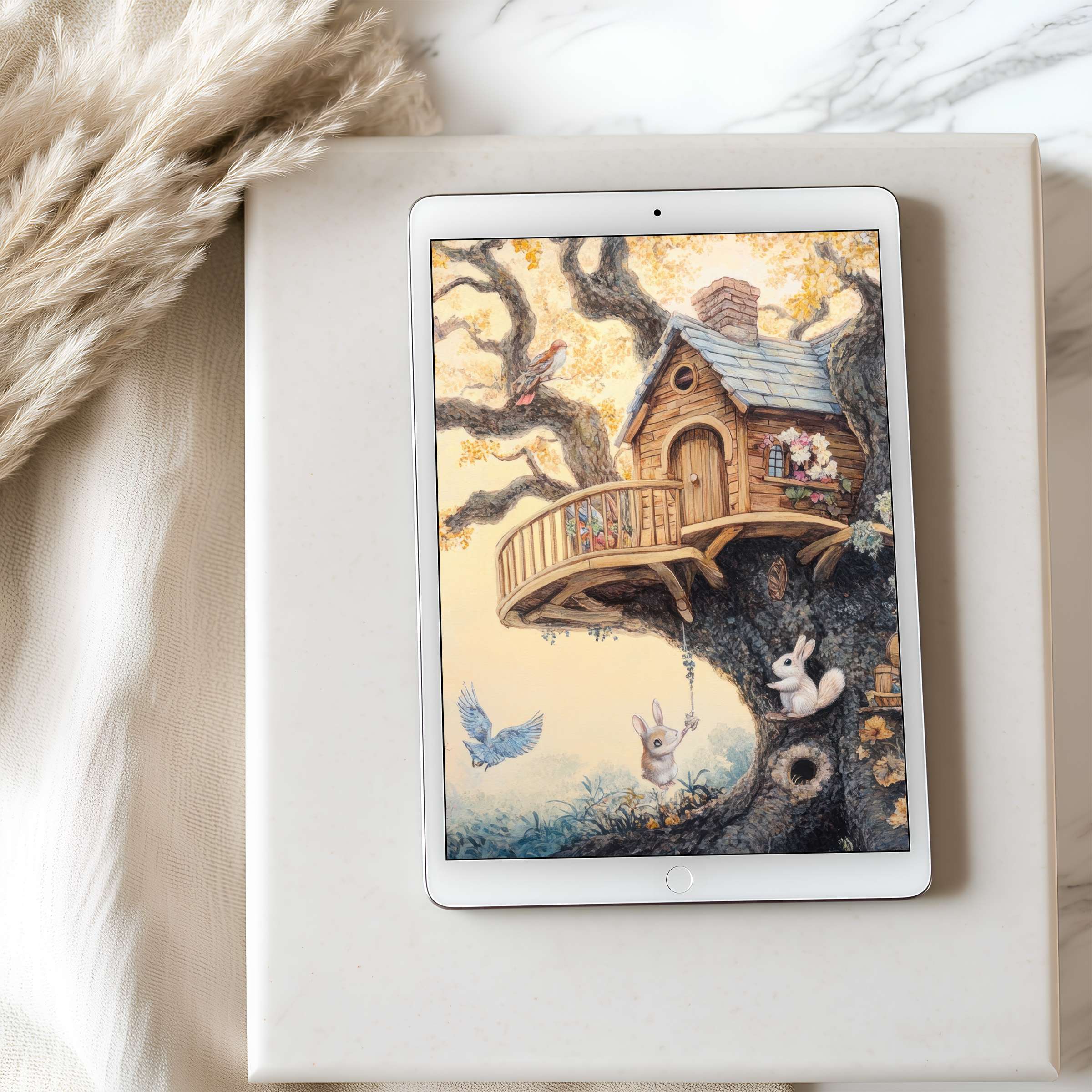 Enchanting tablet wallpaper showcasing a cozy treehouse with animals in soft hues perfect for high-resolution iPad and Android tablets download
