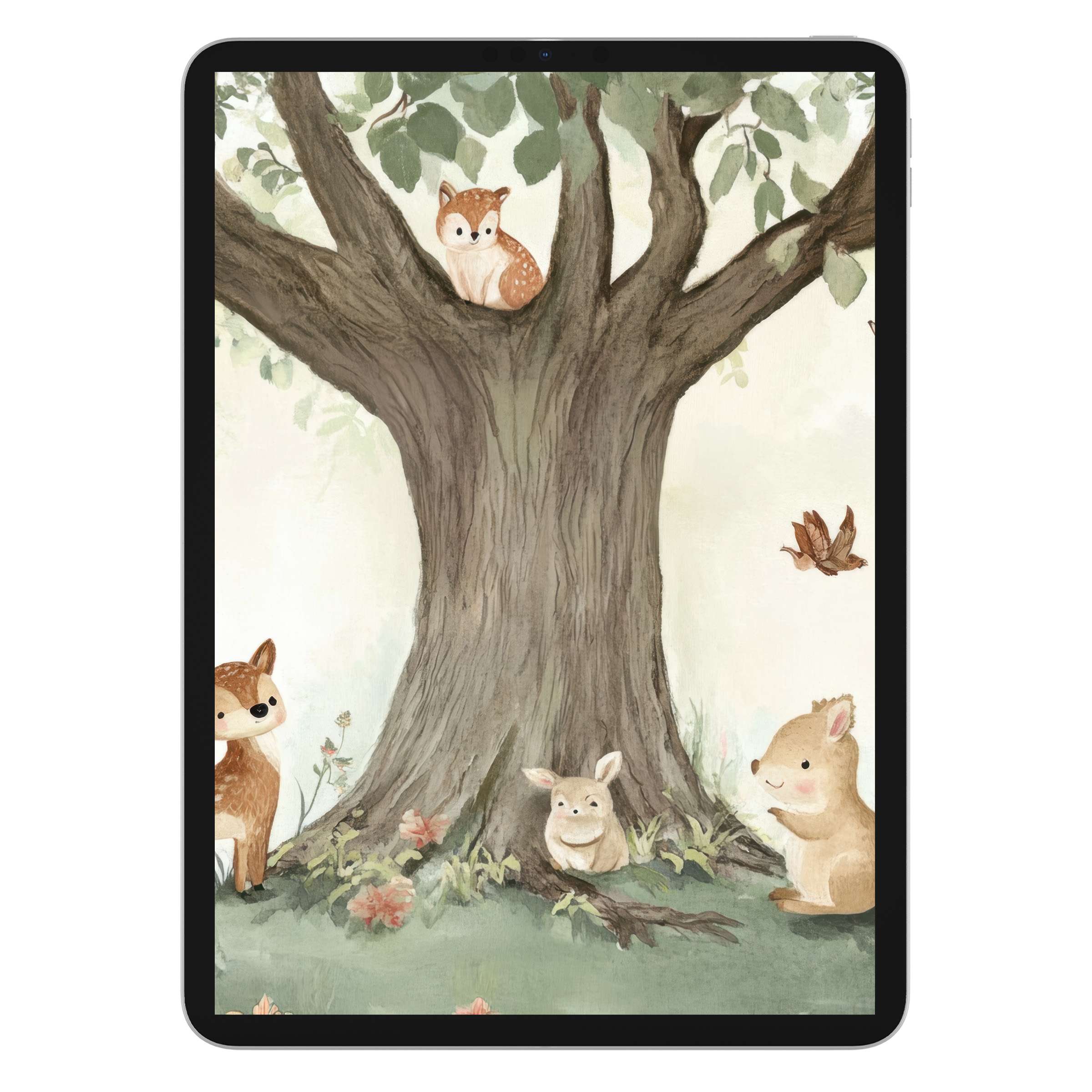 Calming nursery iPad wallpaper for tablets, featuring whimsical woodland animals in soft hues, perfect background for digital download use