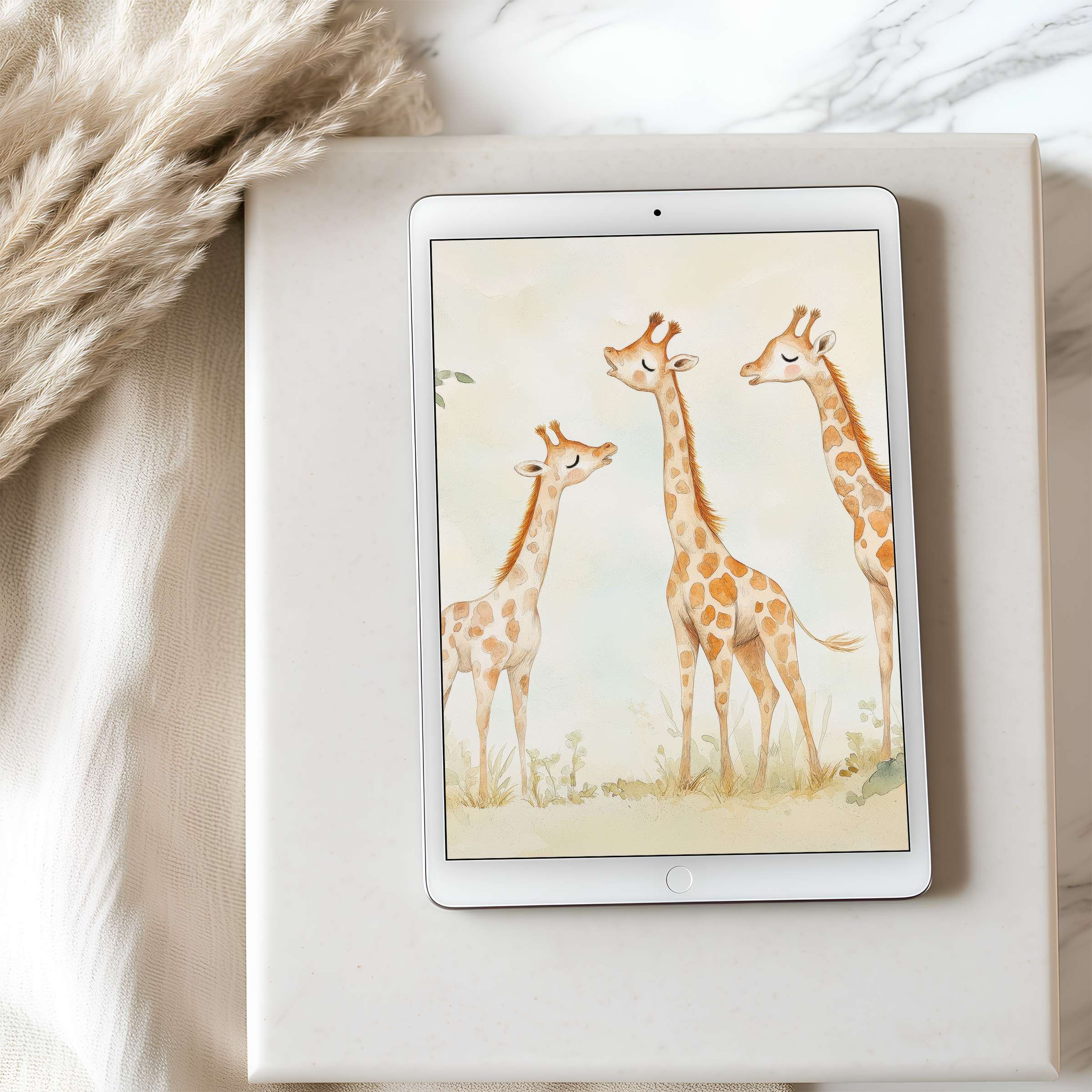 Serene watercolor giraffe art tablet wallpaper on iPad, blending elegance with calm earthy hues, ideal for Android digital download