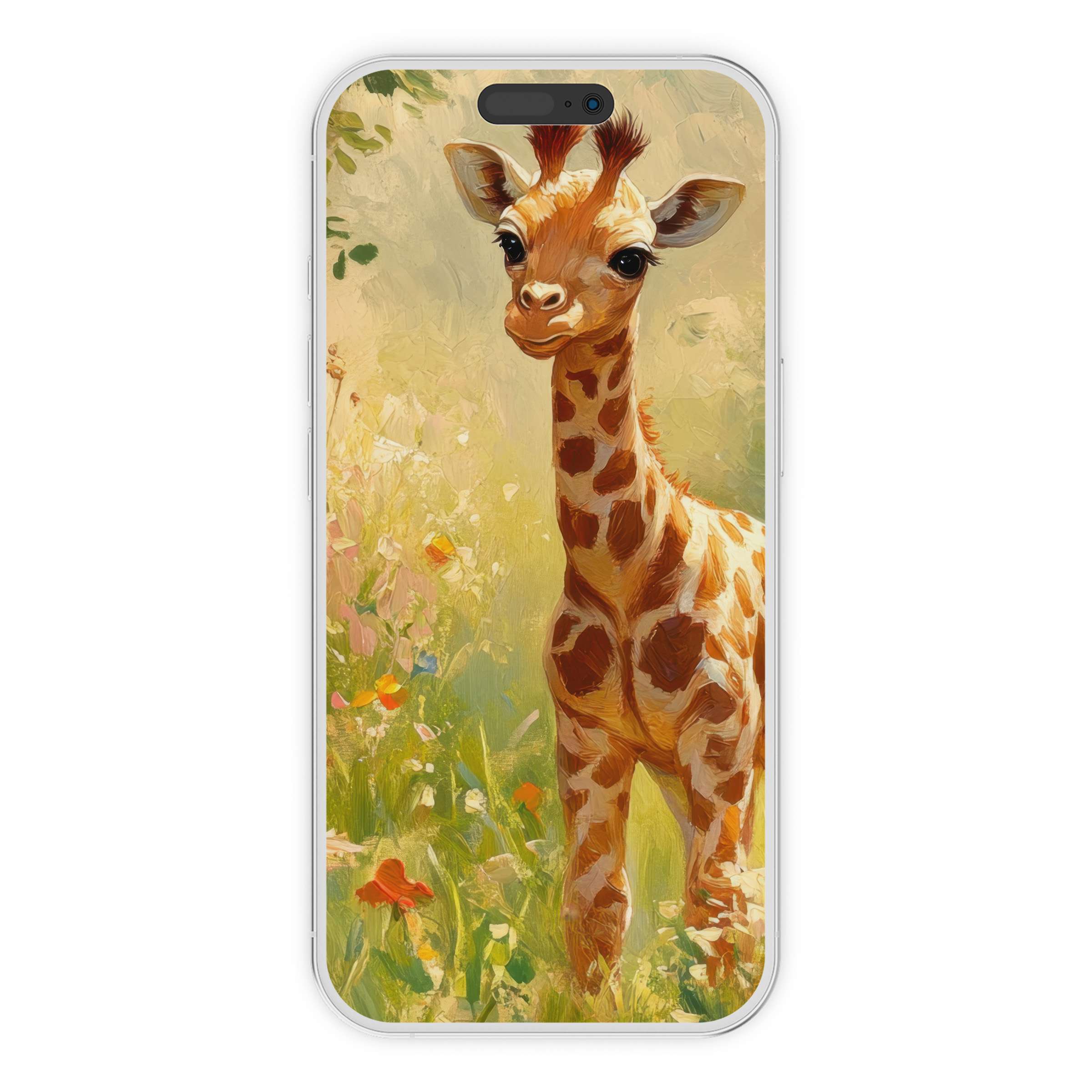 Charming nursery iPhone wallpaper featuring a joyful giraffe amidst a serene meadow, ideal phone background digital download, artful calm