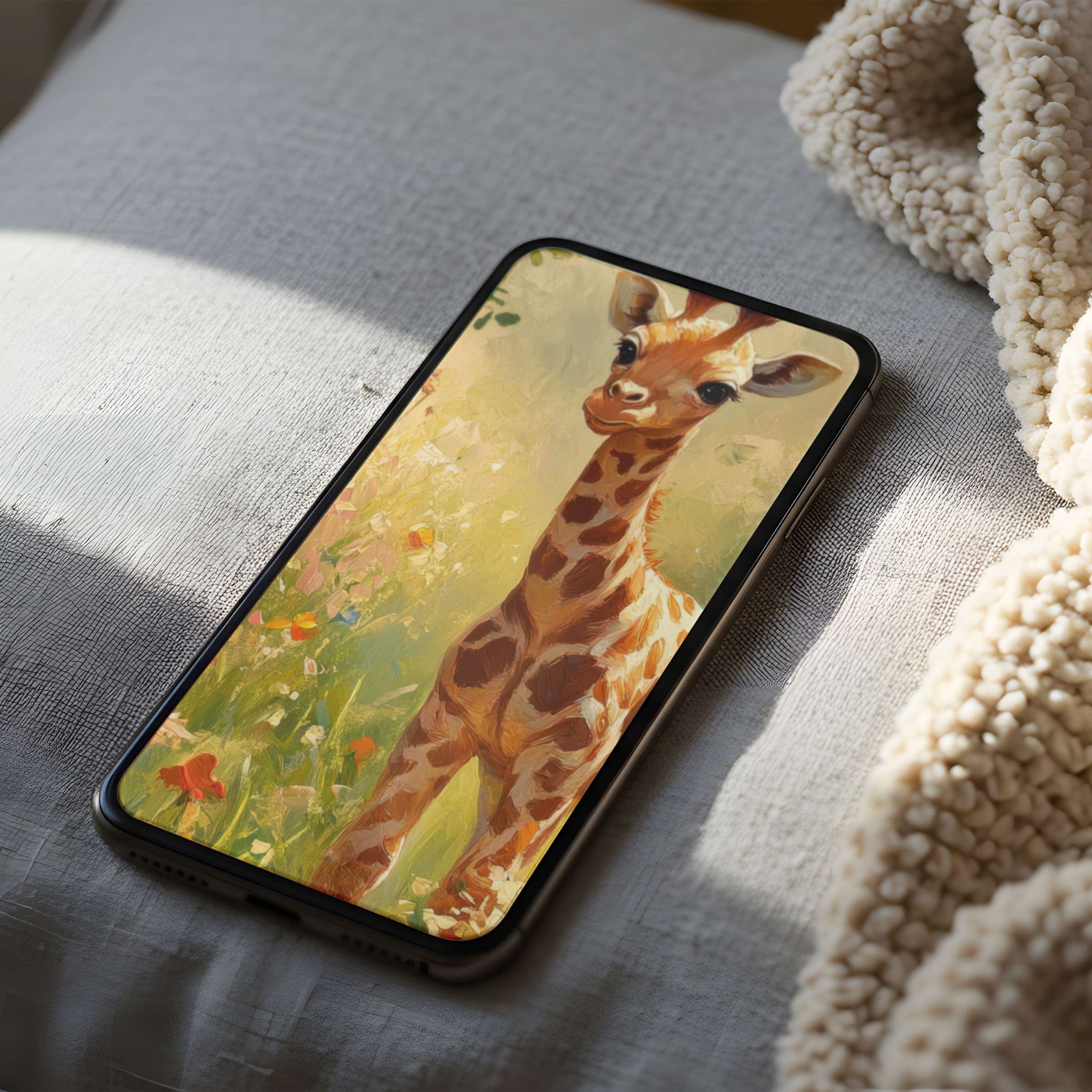 Charming giraffe in lush pastel meadow creates serene phone wallpaper perfect for high resolution iPhone and Android screens