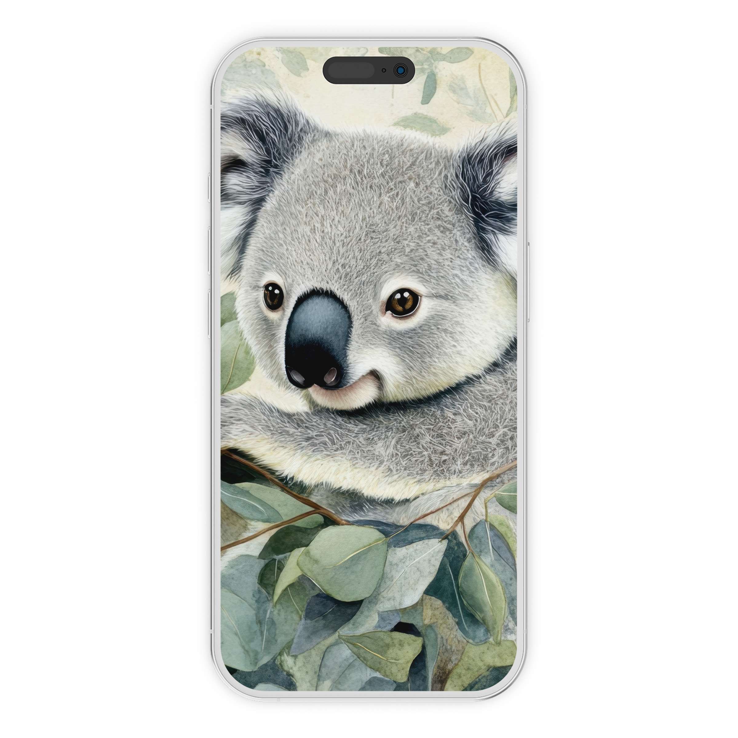 Charming koala under soft green leaves in watercolor style for a nursery iPhone wallpaper digital download phone background
