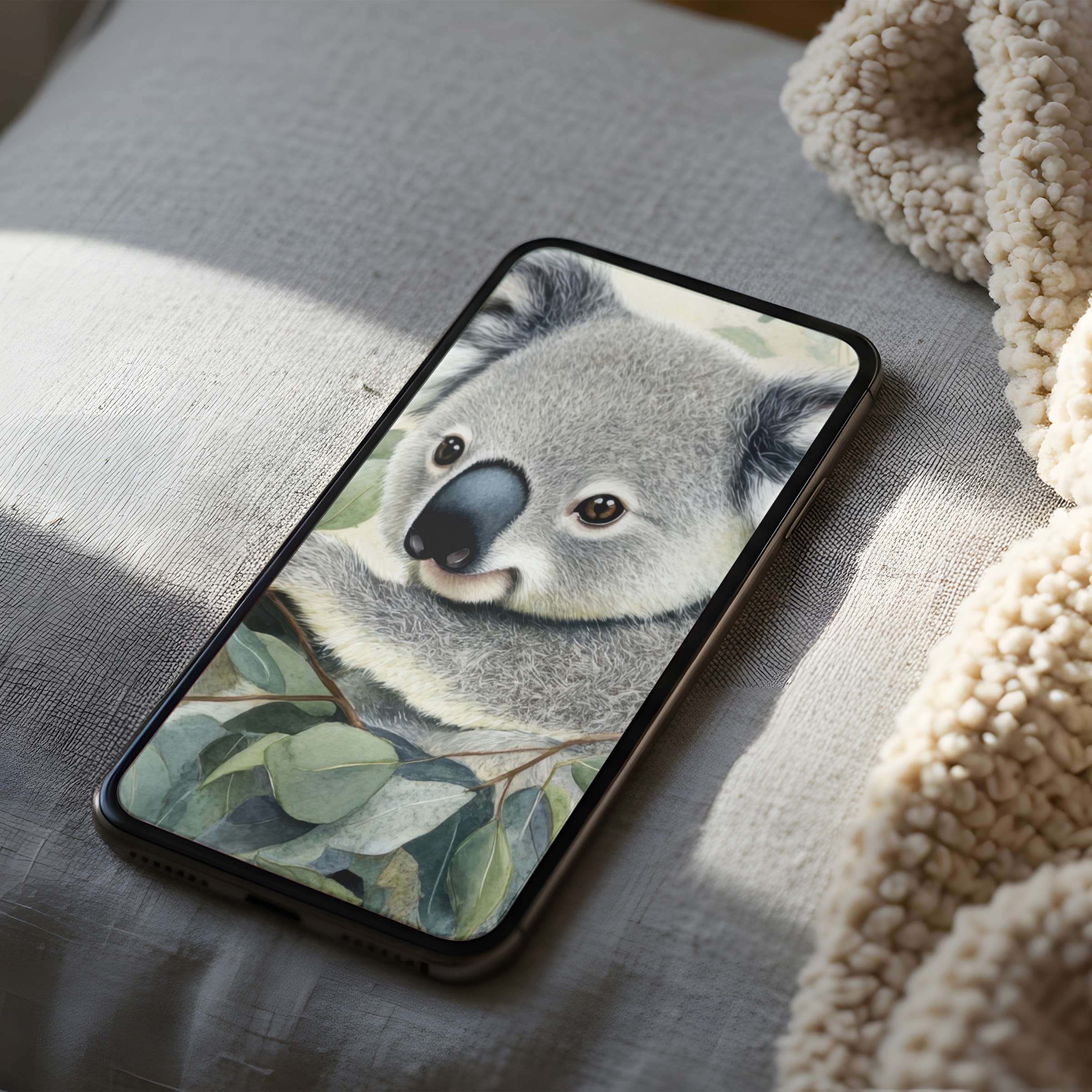 Koala phone wallpaper in high resolution, offering a serene nature scene for iPhone and android, perfect for instant digital download