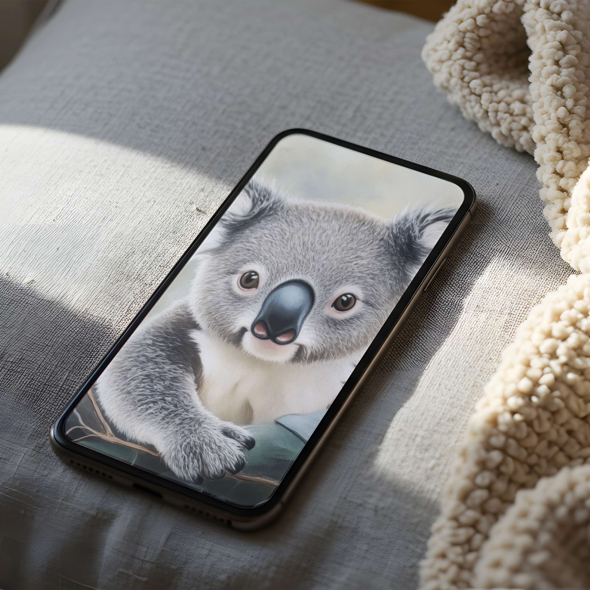 Curated phone wallpaper featuring a serene koala in soft pastel hues offering calming aesthetics for iPhone and android digital download