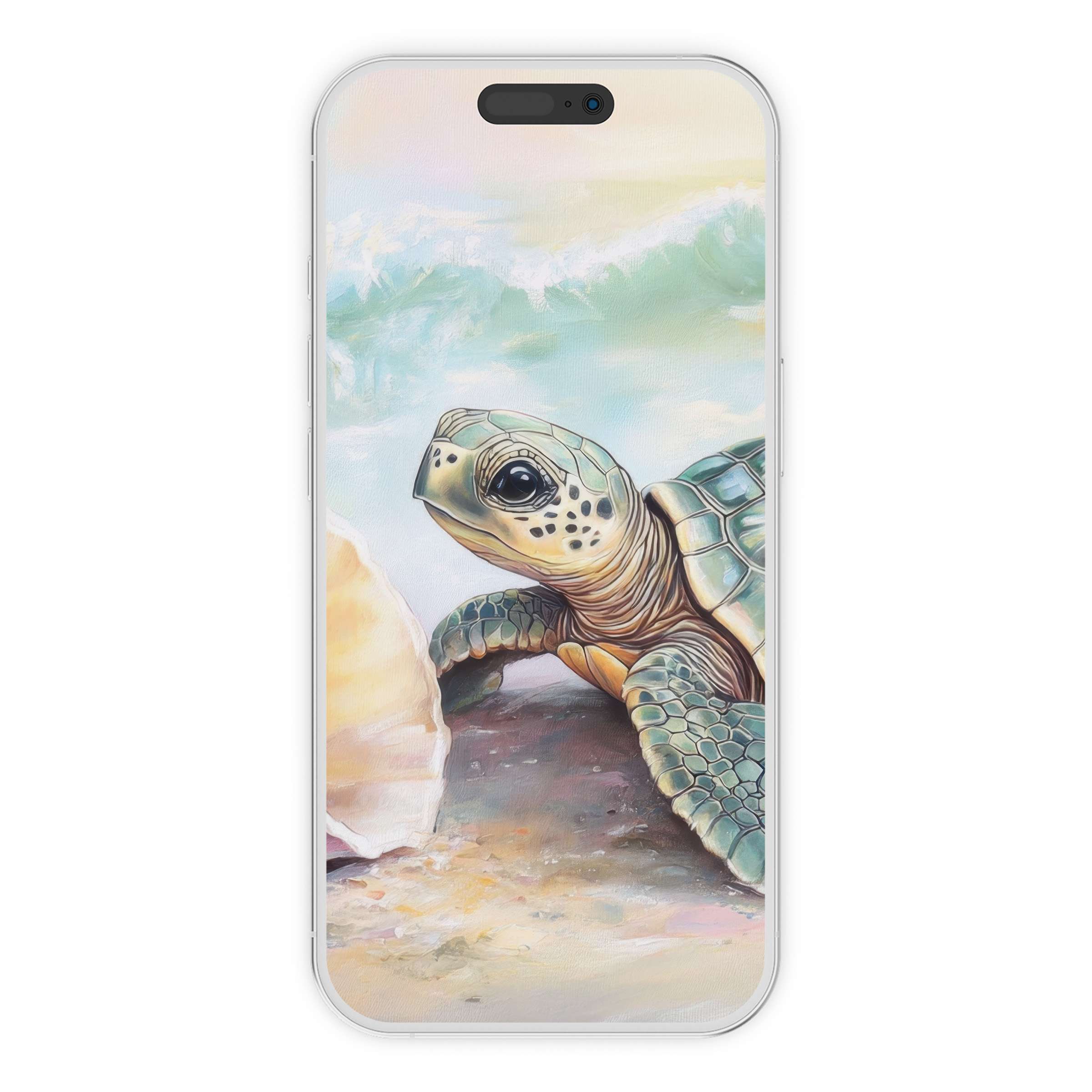 Calming nursery iPhone wallpaper featuring a realistic sea turtle painting with sandy textures ideal phone background digital download