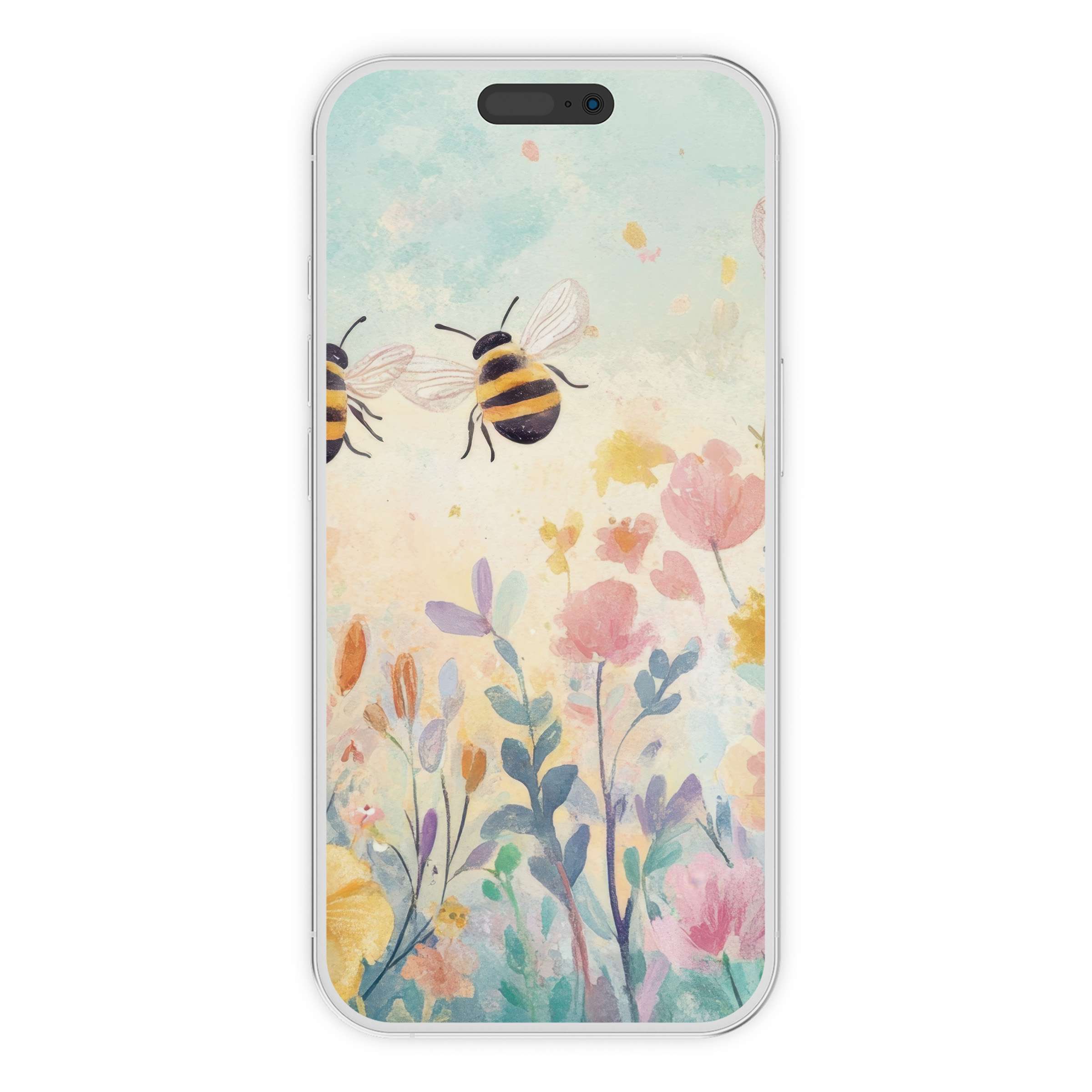 Inspire calm with this nursery iPhone wallpaper featuring bees and florals in pastel hues, a serene phone background digital download suitable for all devices