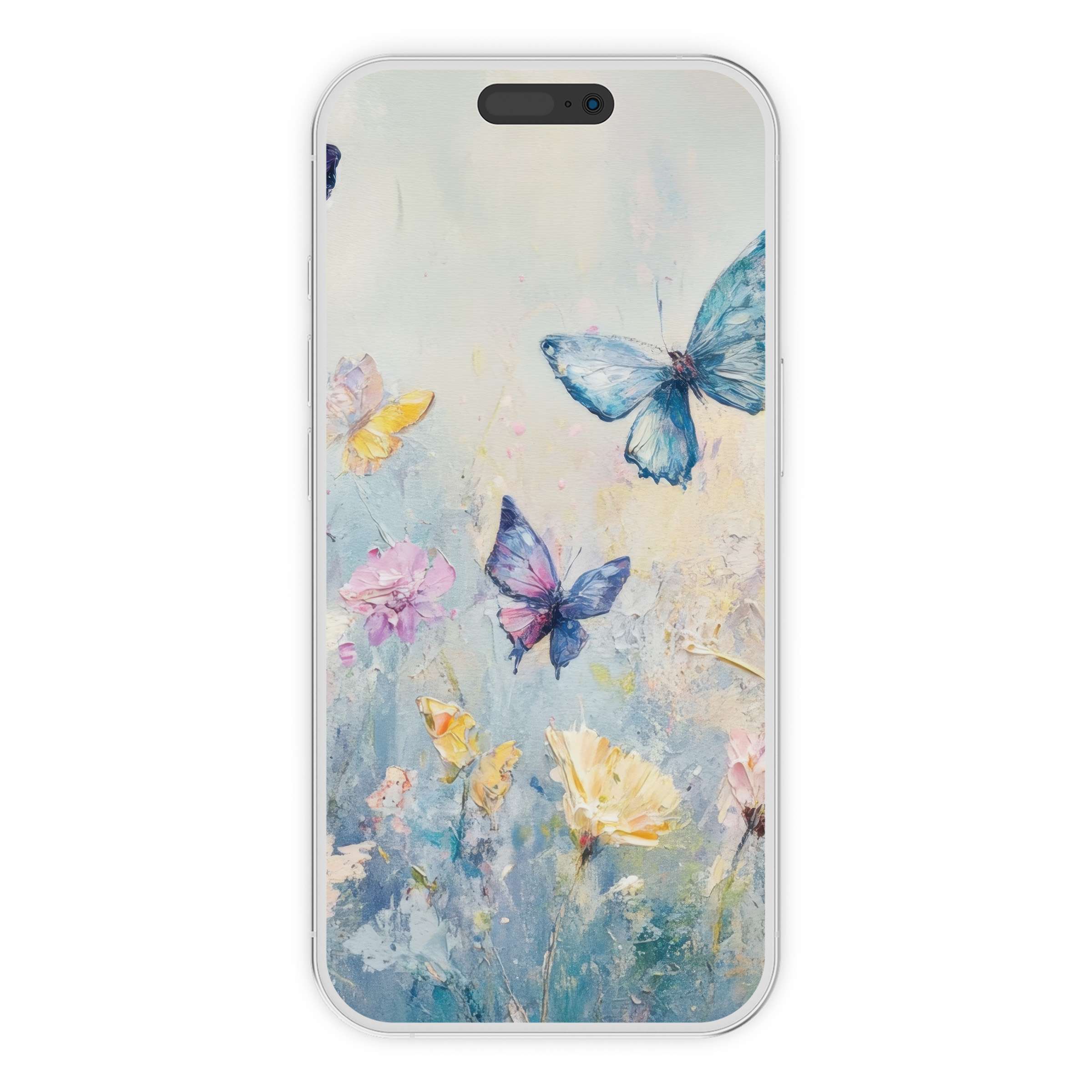 Tranquil nursery iPhone wallpaper with pastel butterflies and flowers evokes calm, ideal phone background for digital download use