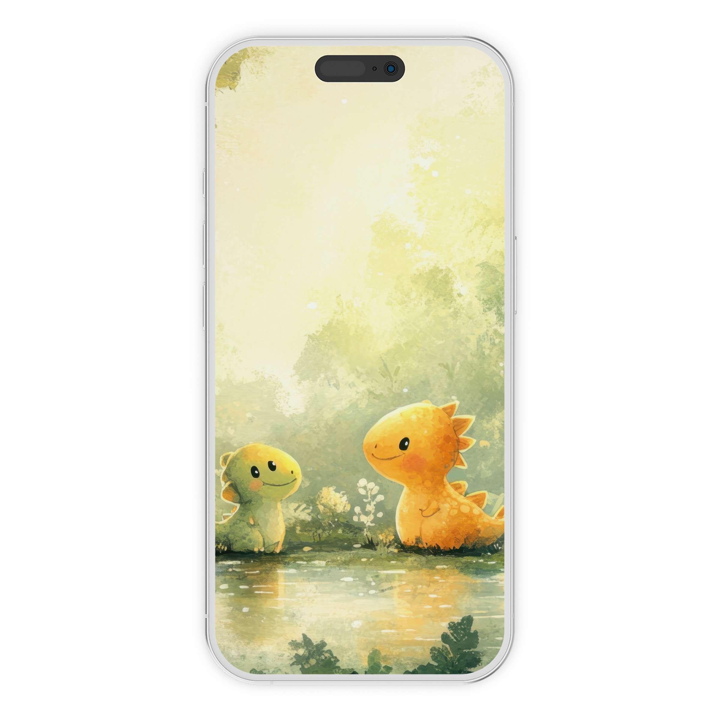 Charming nursery iPhone wallpaper with friendly dinosaurs in a serene, misty forest setting, perfect digital download background for any phone