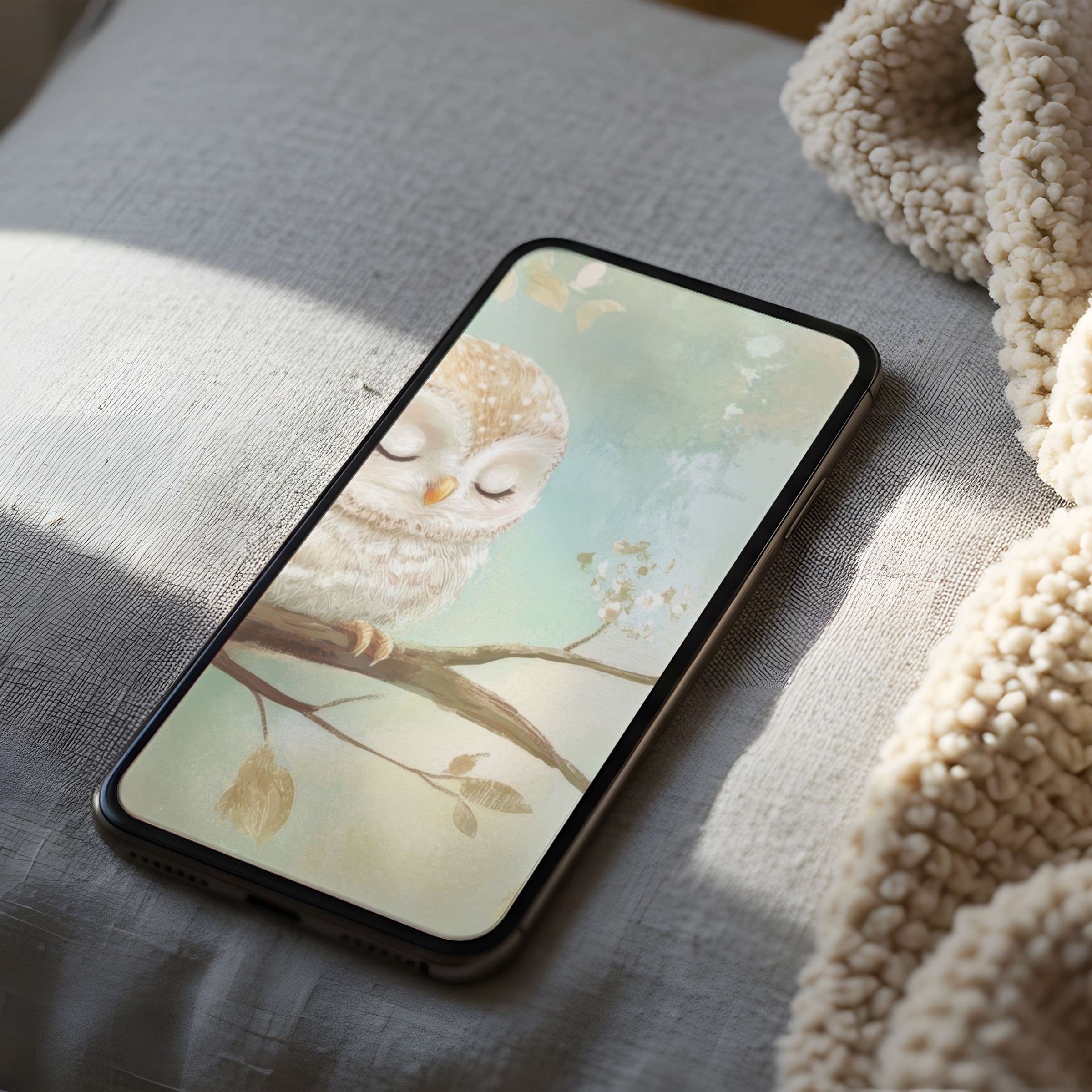 Elegant phone wallpaper featuring a serene owl on a branch in soft pastel tones perfect for iPhone and Android digital download
