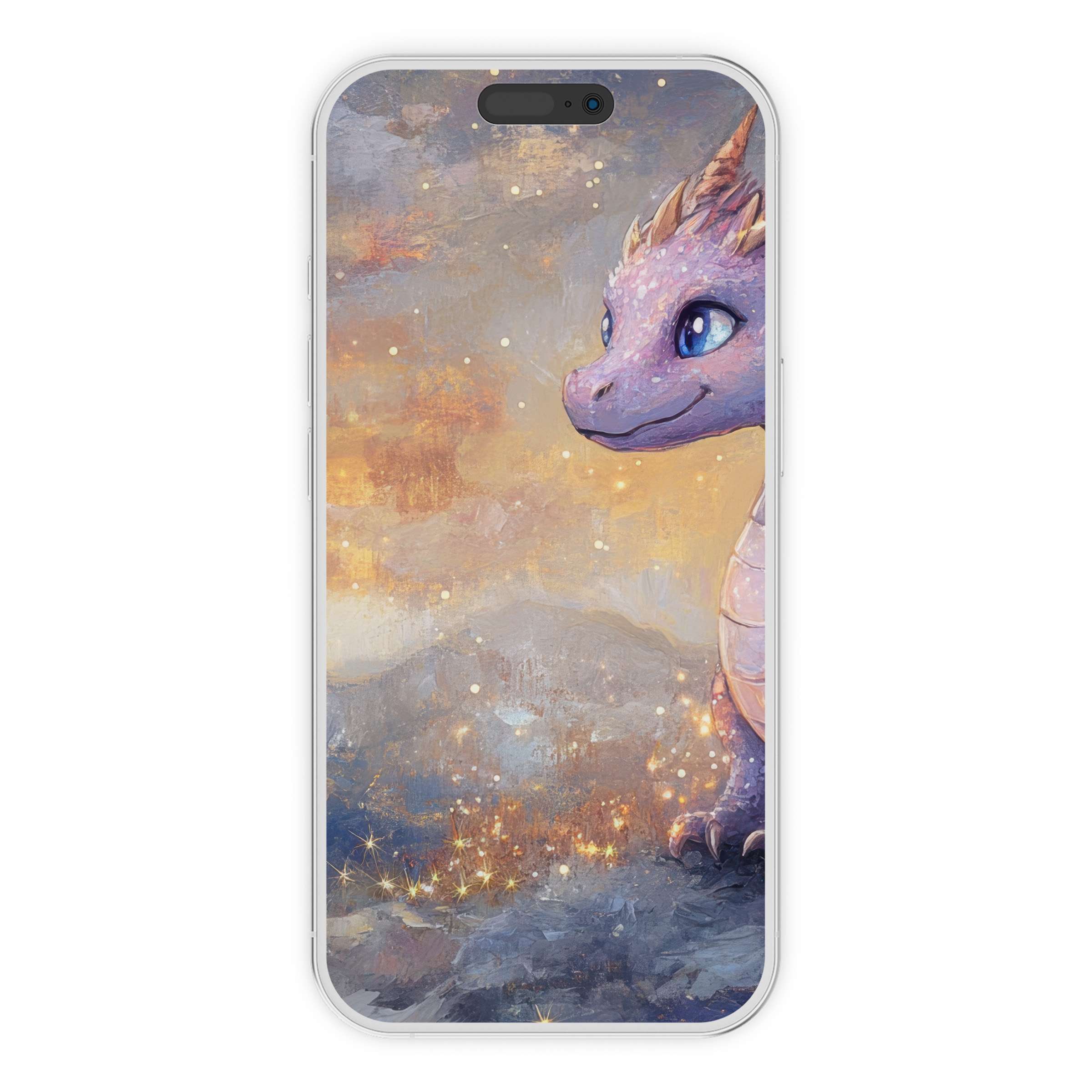 Whimsical nursery iPhone wallpaper digital download featuring a purple dragon amidst dreamy skies, perfect phone background for serene vibes