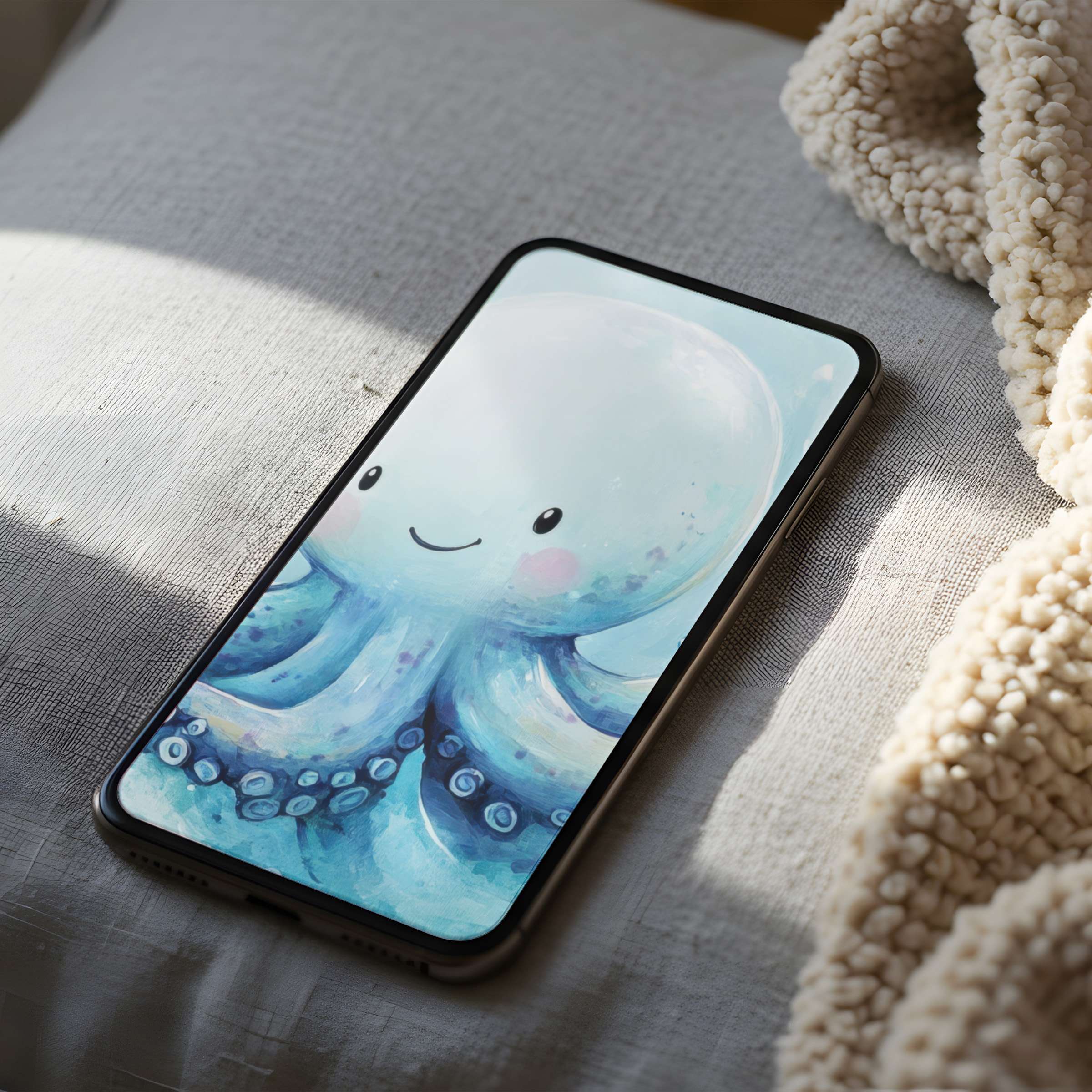 Charming octopus phone wallpaper in soft blues brings serenity and elegance to any device, perfect for iPhone and Android digital download