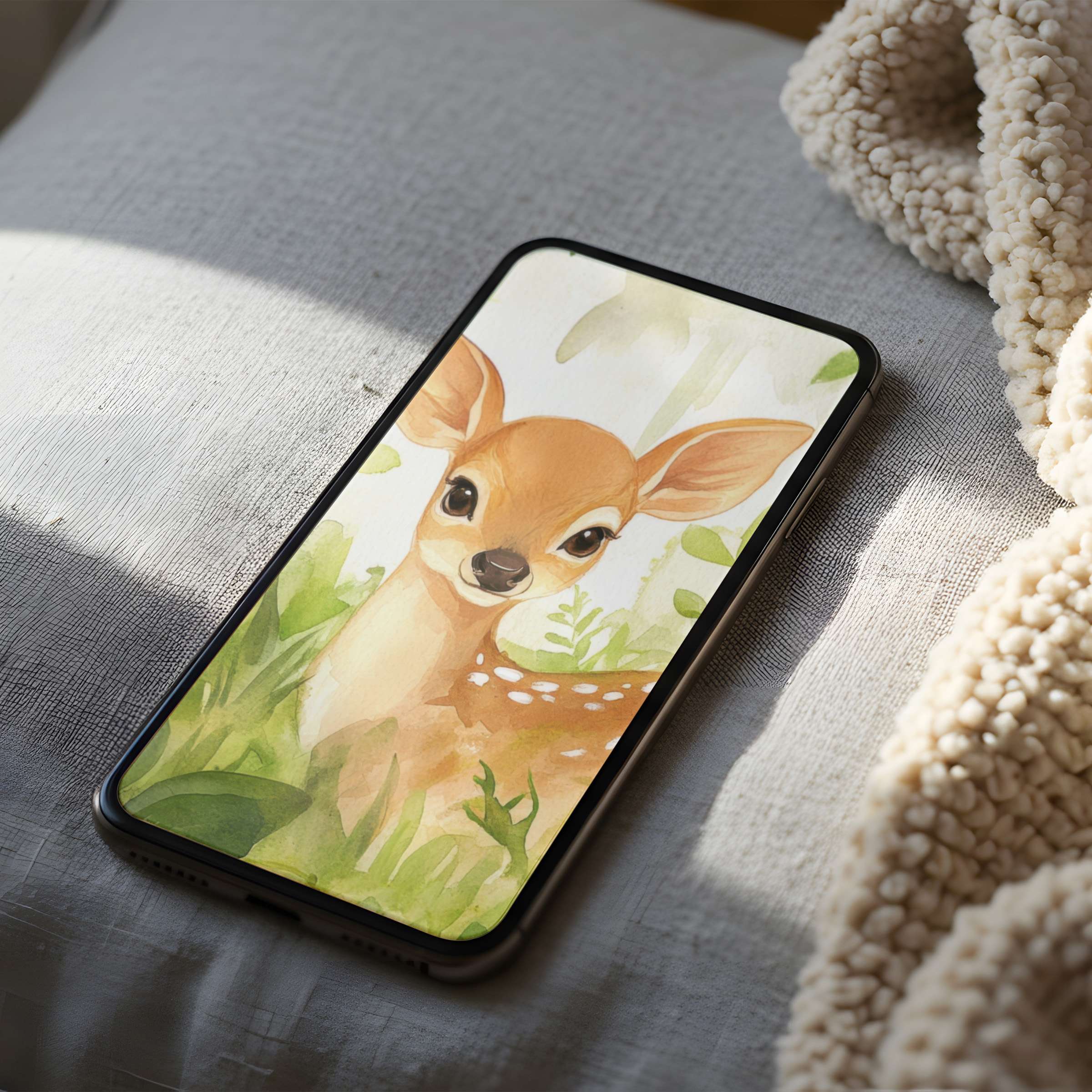 Charming watercolor deer phone wallpaper with serene green tones, perfect for iPhone and Android, offering high resolution and tranquility