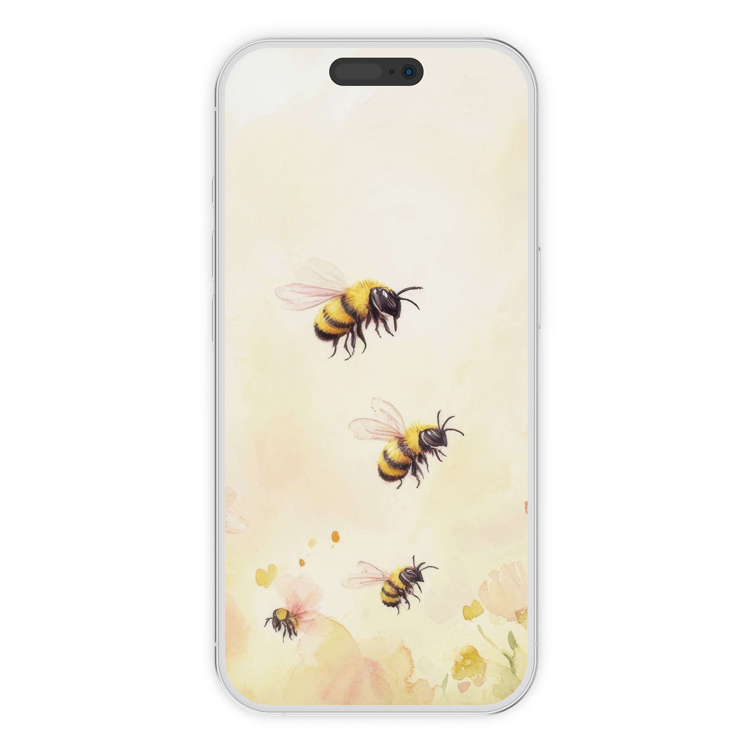 Enchanting nursery iPhone wallpaper features watercolor bees, providing a serene phone background for digital download on all devices