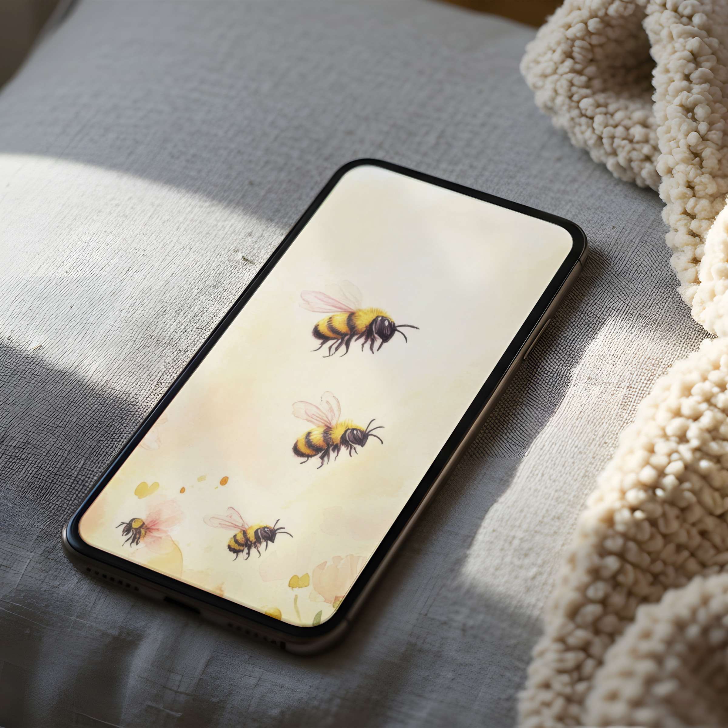 Elegant phone wallpaper featuring vibrant bees on a soft pastel background, perfect for iPhone and Android digital download to inspire calm
