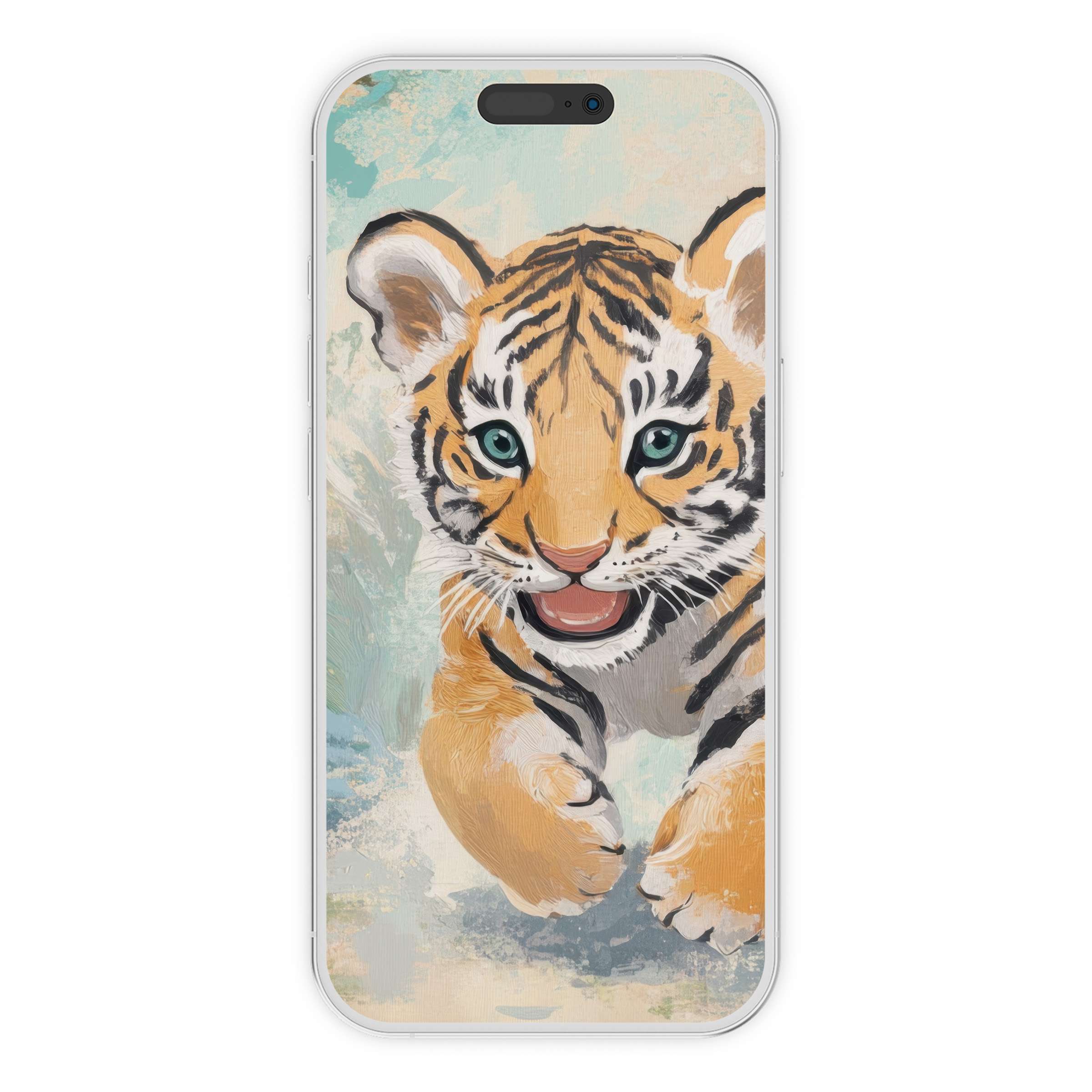 Playful tiger cub digital download for nursery iPhone wallpaper offers a soothing phone background with artistic strokes and gentle tones