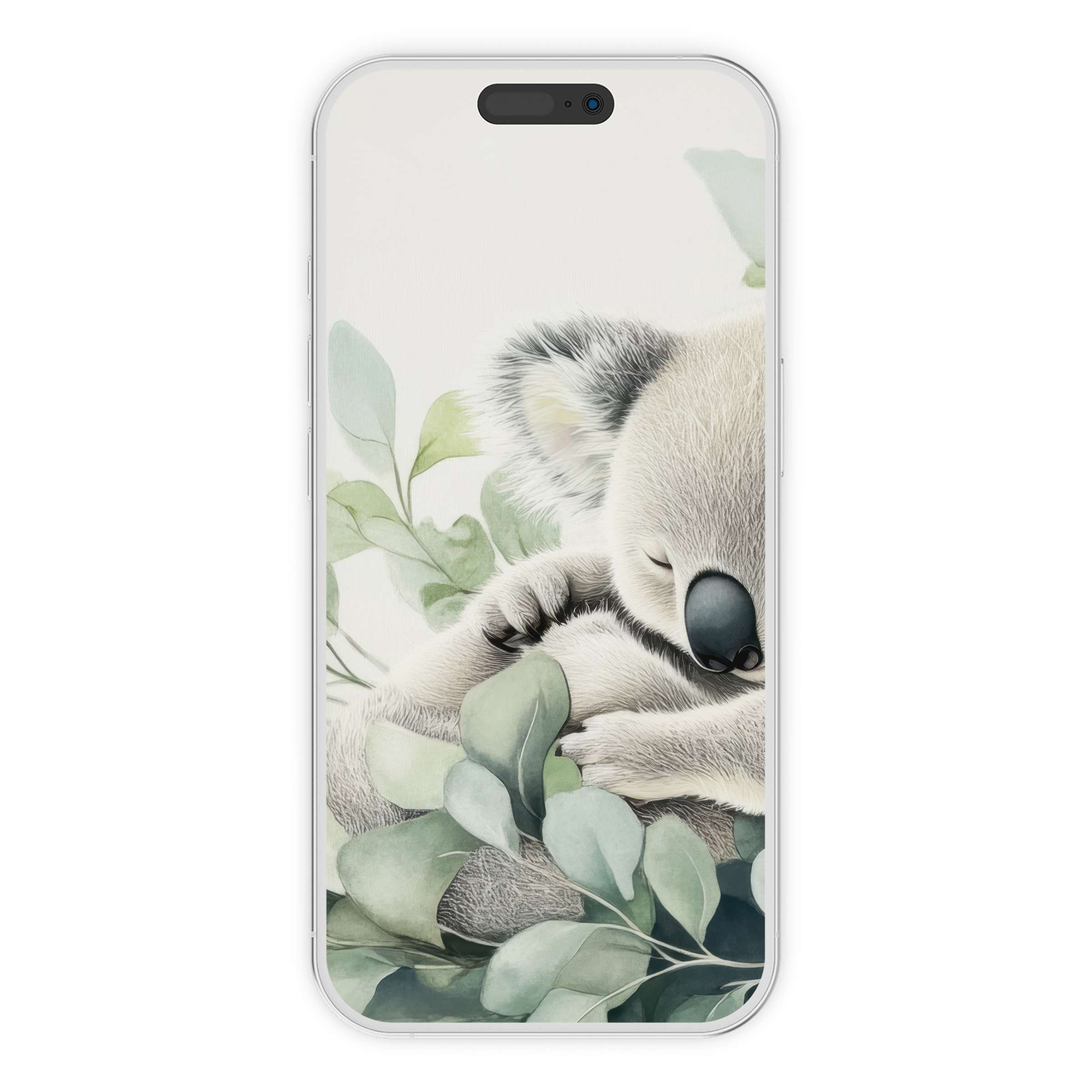 Serene pastel koala with lush greenery offers a soothing nursery iPhone wallpaper digital download for elegant phone background charm
