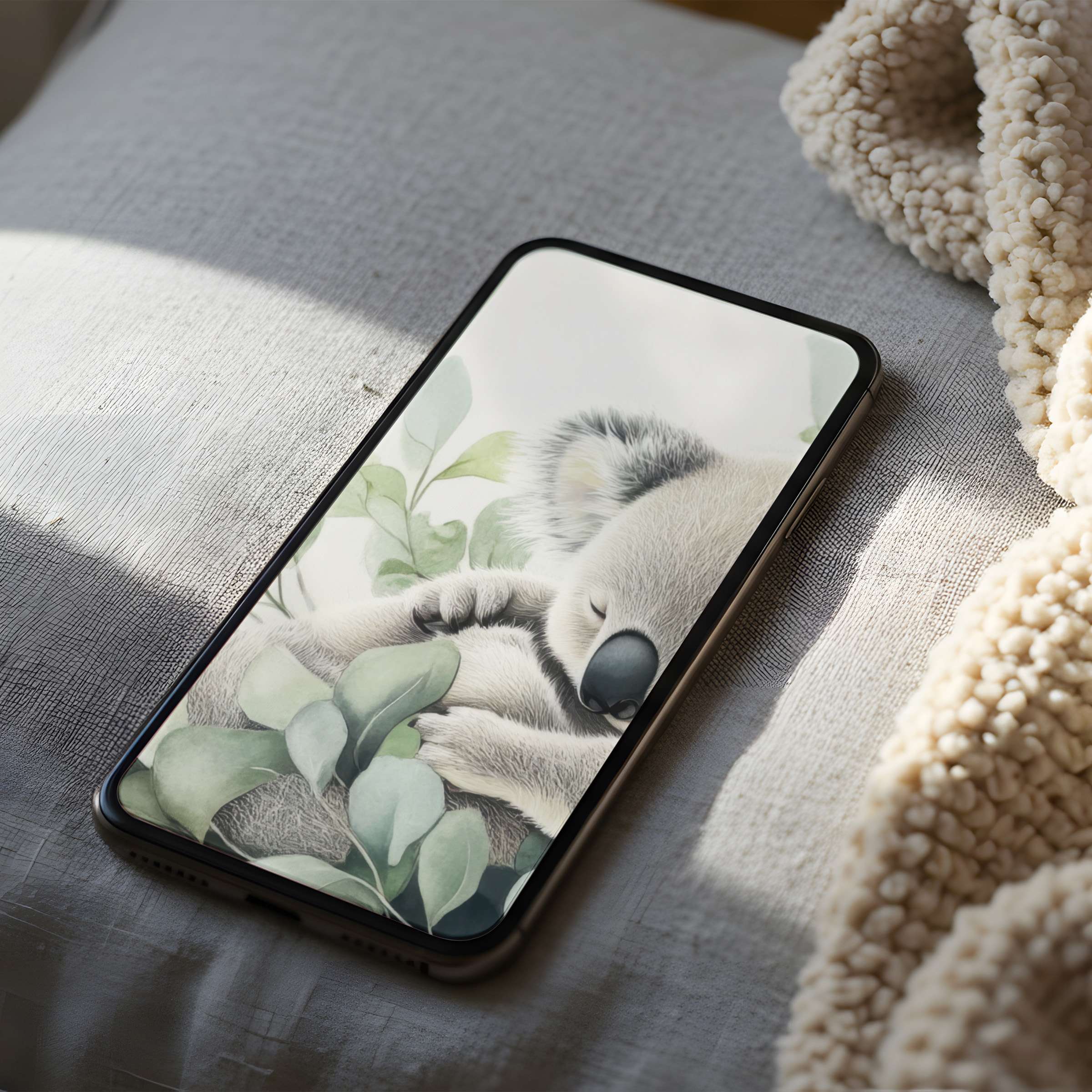 Cozy koala phone wallpaper with soft pastels on an iPhone screen brings serenity to any digital download for iPhones or Androids