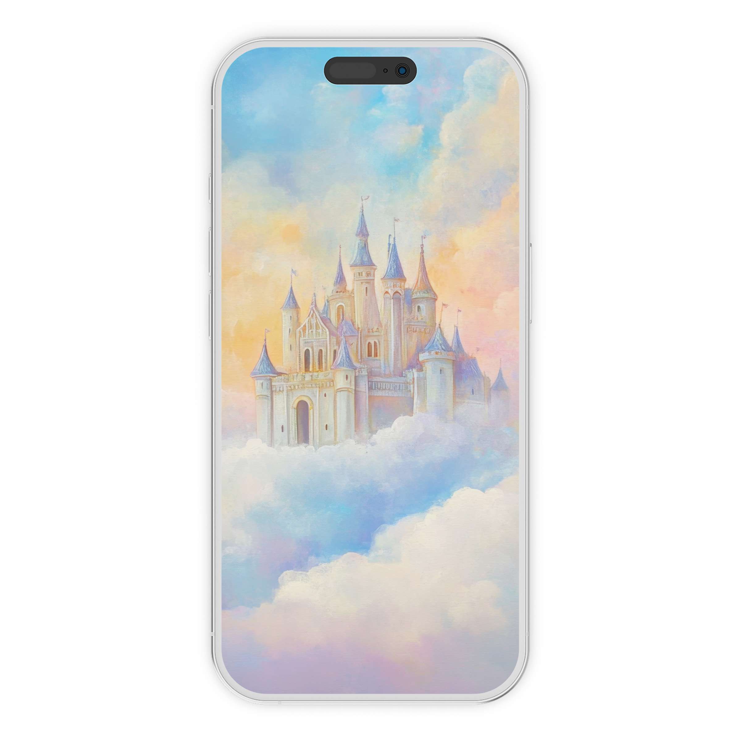 Enchanting digital download featuring a dreamy castle in pastel hues, perfect nursery iPhone wallpaper and phone background for serenity