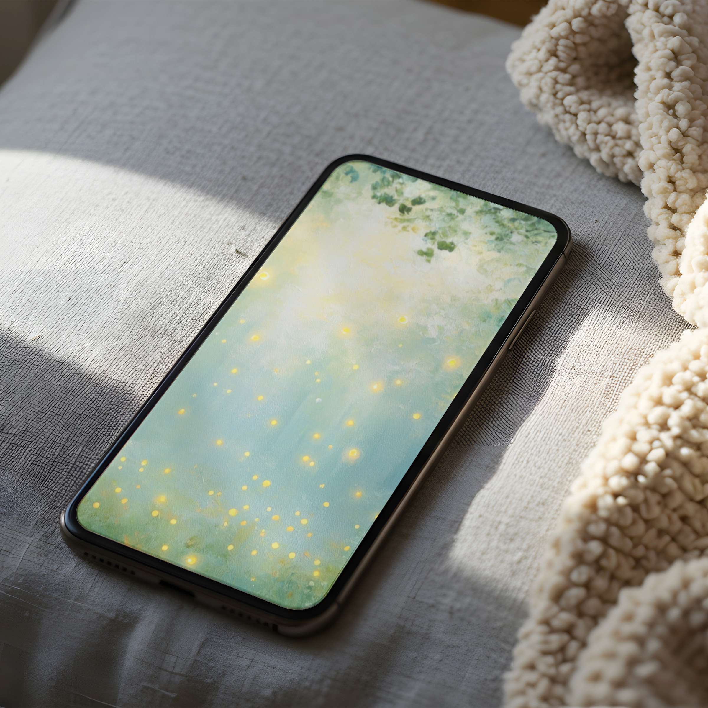 Elegant phone wallpaper with a dreamy, high resolution forest motif and soft lights, perfect for iPhone or Android digital download